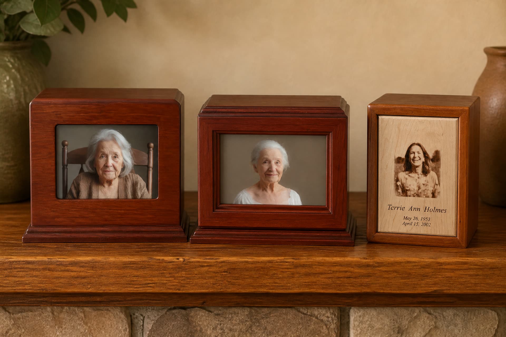 Three wooden photo urns standing in a row on a wooden mantel in a softly lit home, two with a framed portrait set into the front panel and one with a portrait and name engraved into a pale maple face