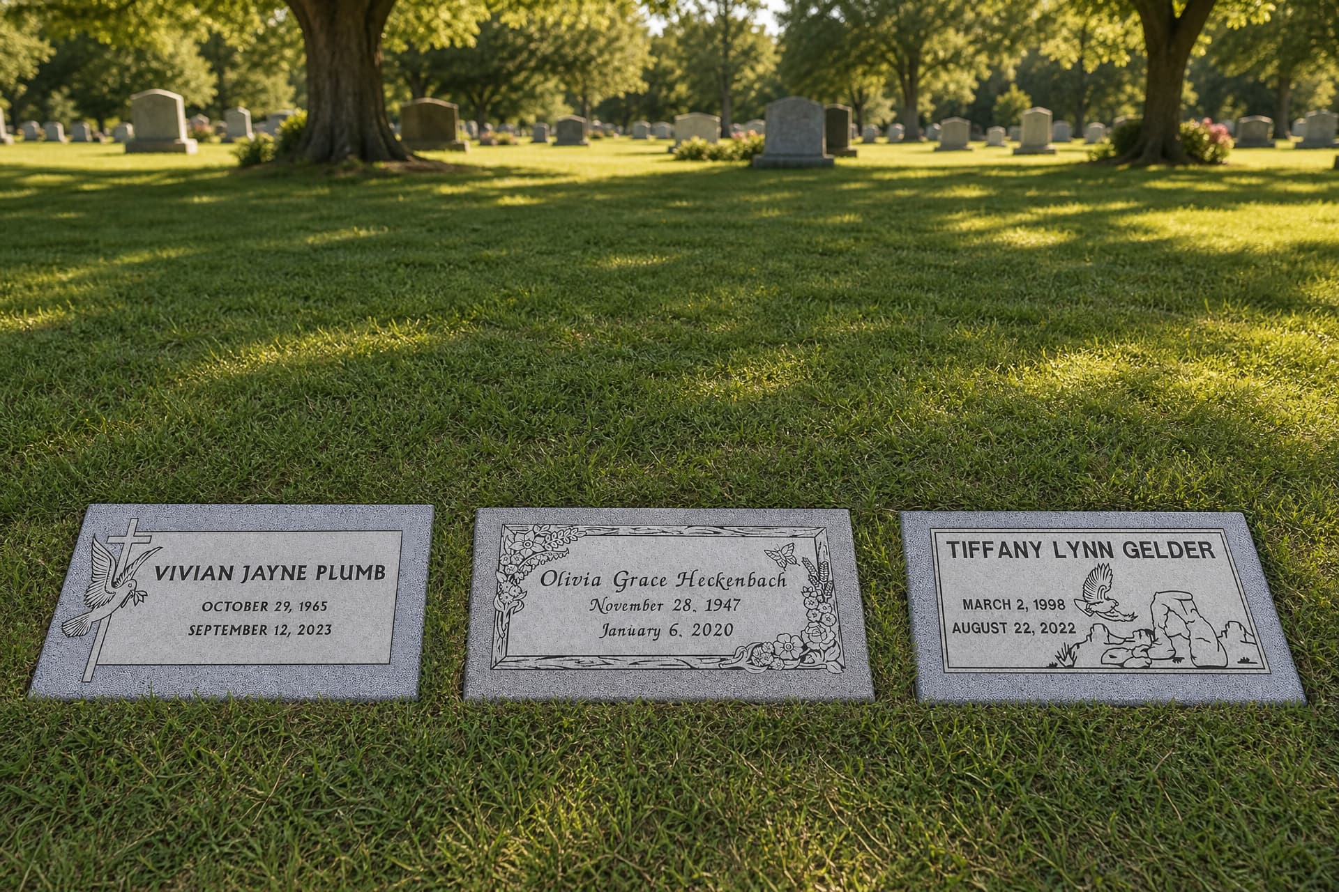 Three flat granite grave markers set level with a sunlit cemetery lawn, one with a dove and cross, one with a floral border and one with an eagle and rocks