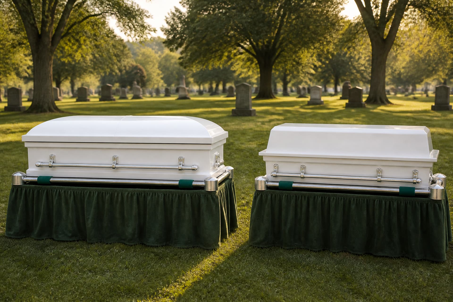 Two white outer burial containers resting on green draped biers on a sunlit cemetery lawn, each with chrome side rails and a domed lid