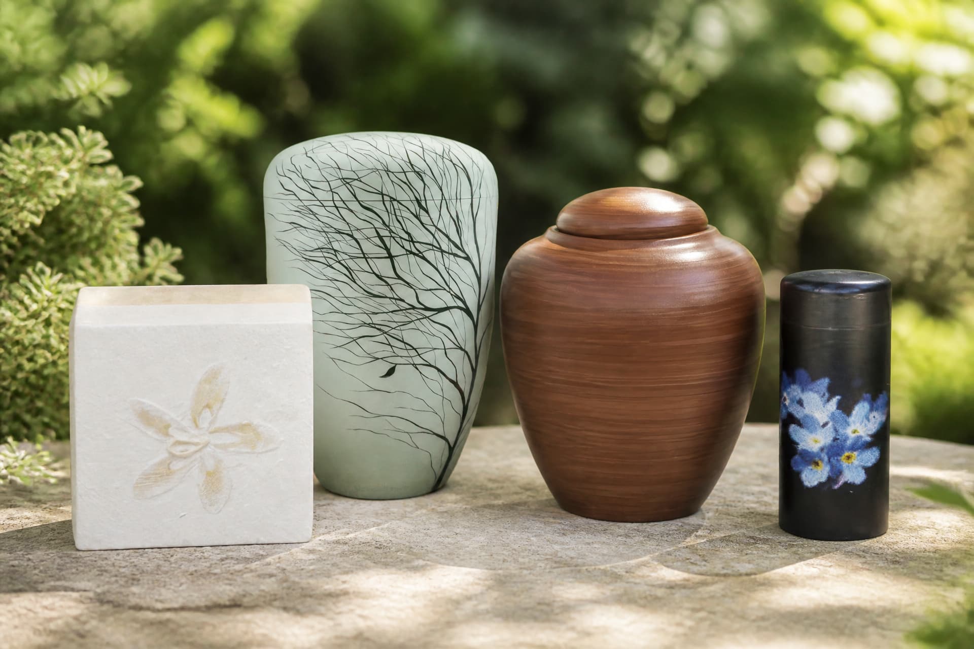 Four biodegradable cremation urns set on a stone ledge in a quiet memorial garden