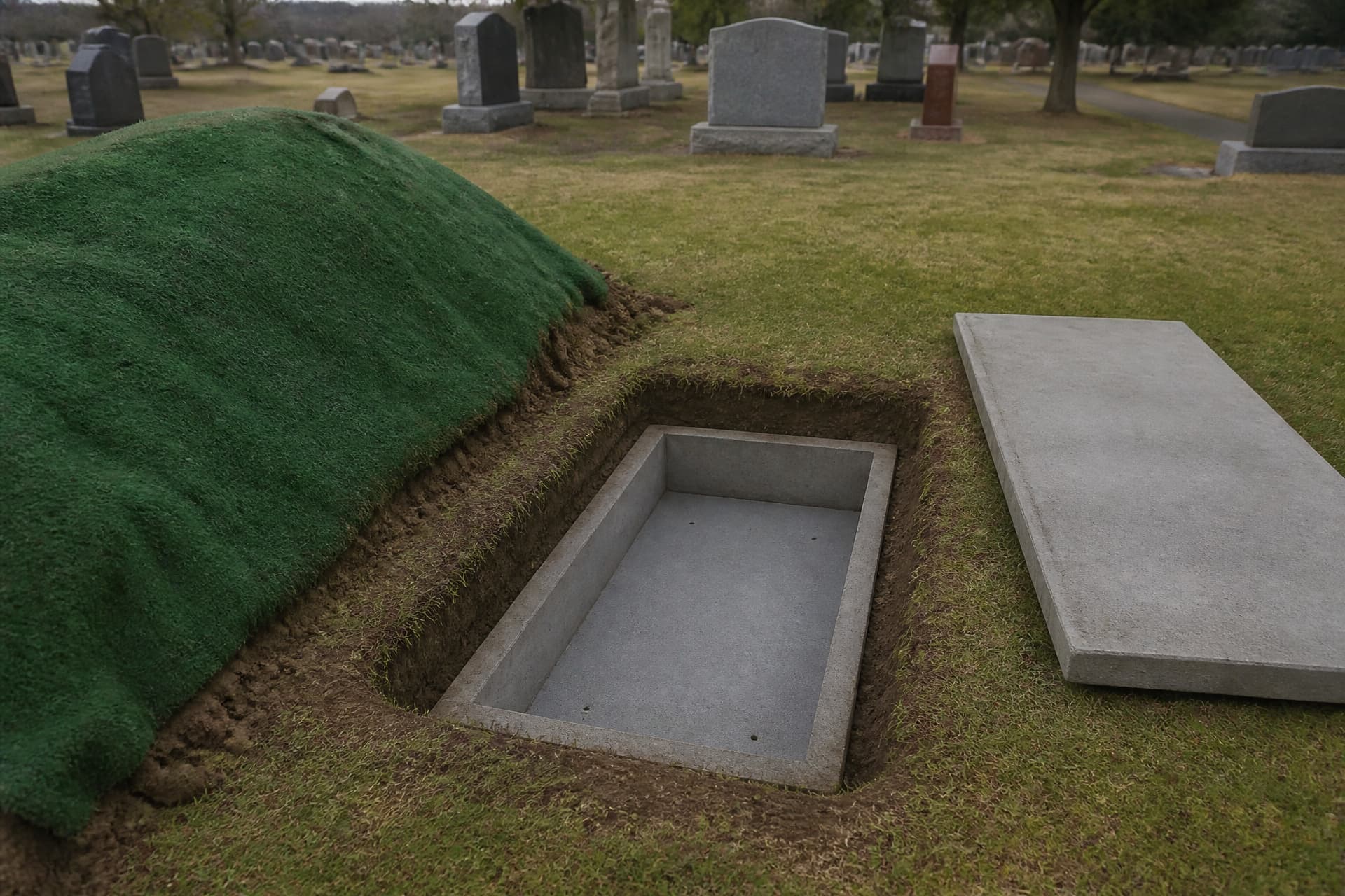 An open grave with a plain concrete grave liner set down inside it, its rim just below ground level and its flat lid resting on the grass alongside, soil heaped under a green cover to one side