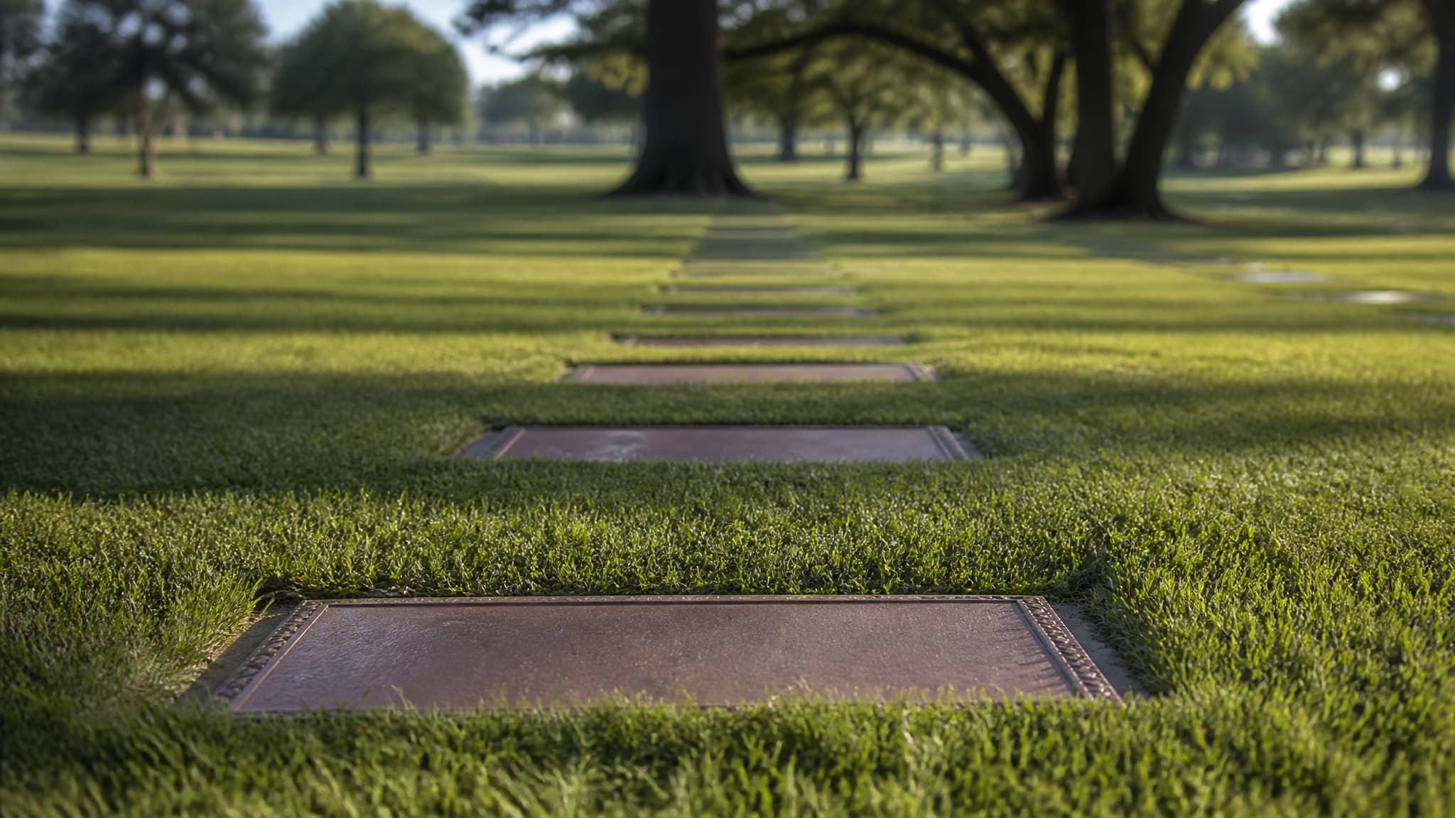 A quiet cemetery lawn in soft morning light with mown grass and mature oak trees, flat bronze markers set flush with the turf receding into the distance, no people and no lettering legible