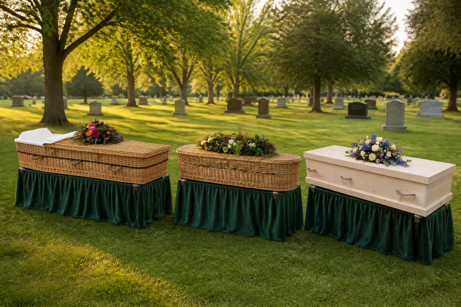 Three biodegradable caskets on draped biers in a sunlit cemetery, a large rectangular willow coffin, a rounded willow casket and a plain pale wood casket, each with a flower arrangement on the lid