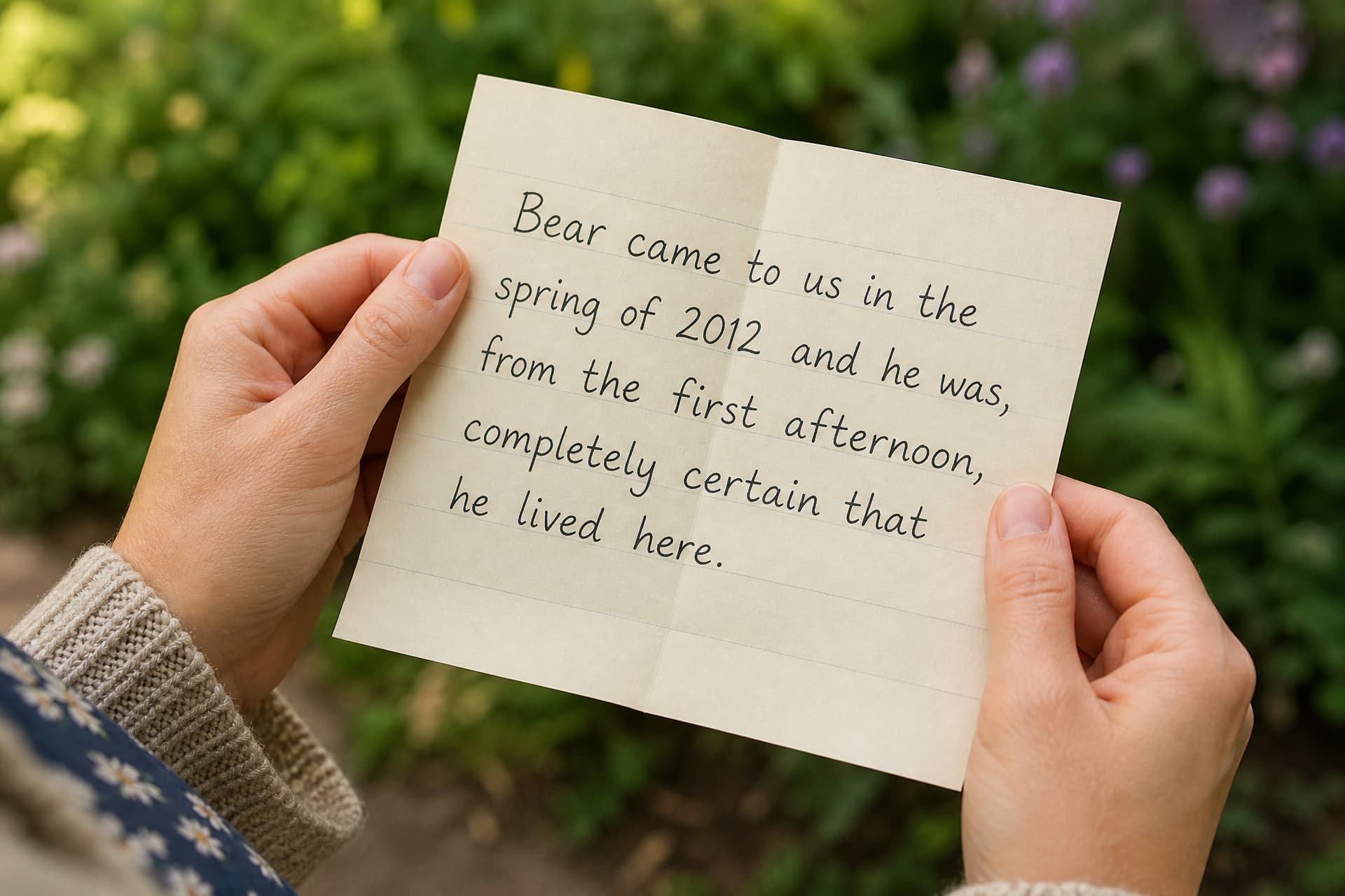 A handwritten card held in two hands, angled away so the writing is not readable