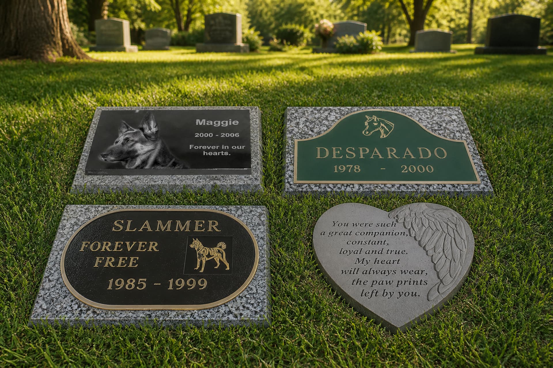 Pet memorial grave markers and garden stones arranged on grass