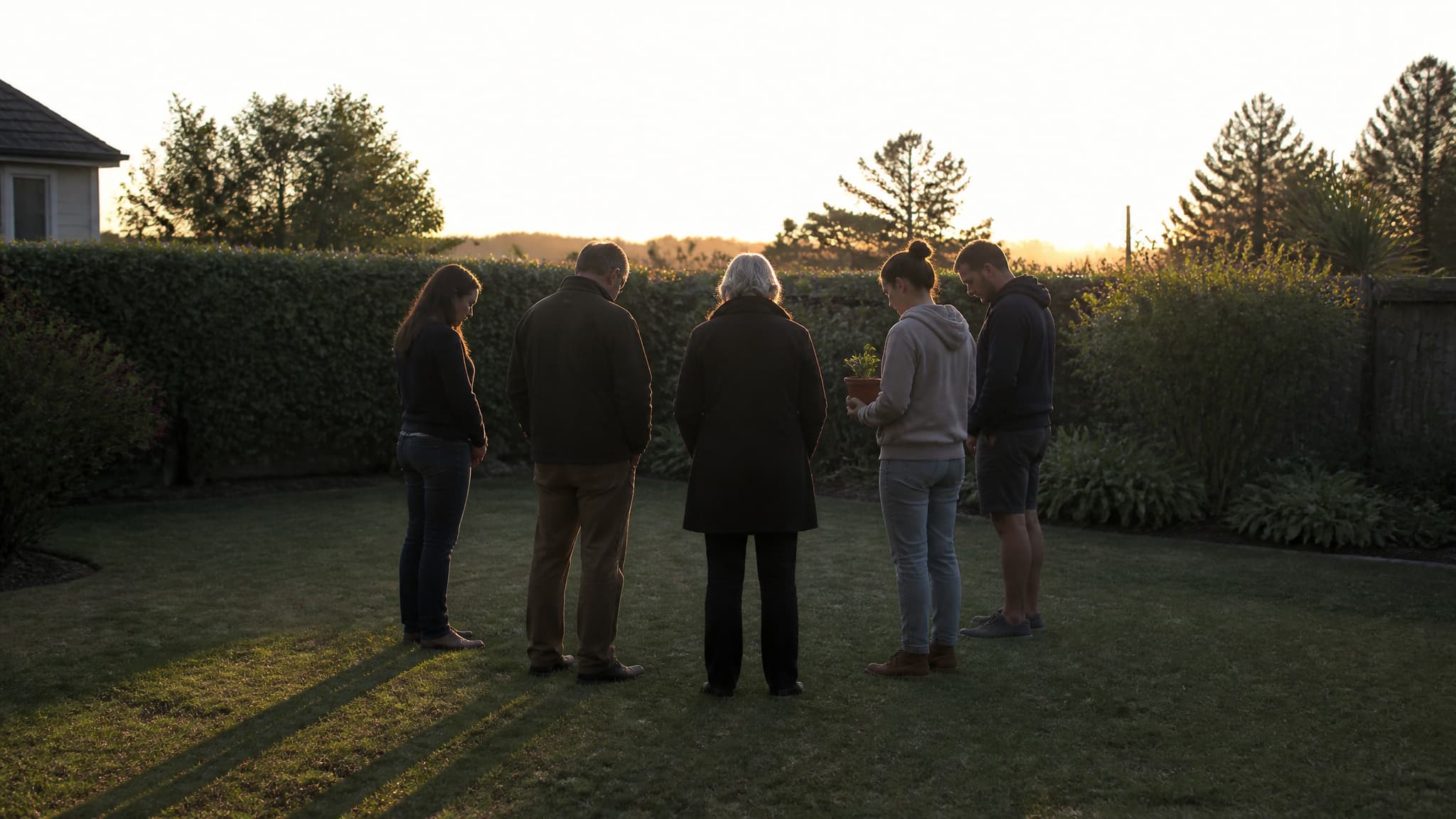 A small group standing together in a garden at dusk, seen at a distance