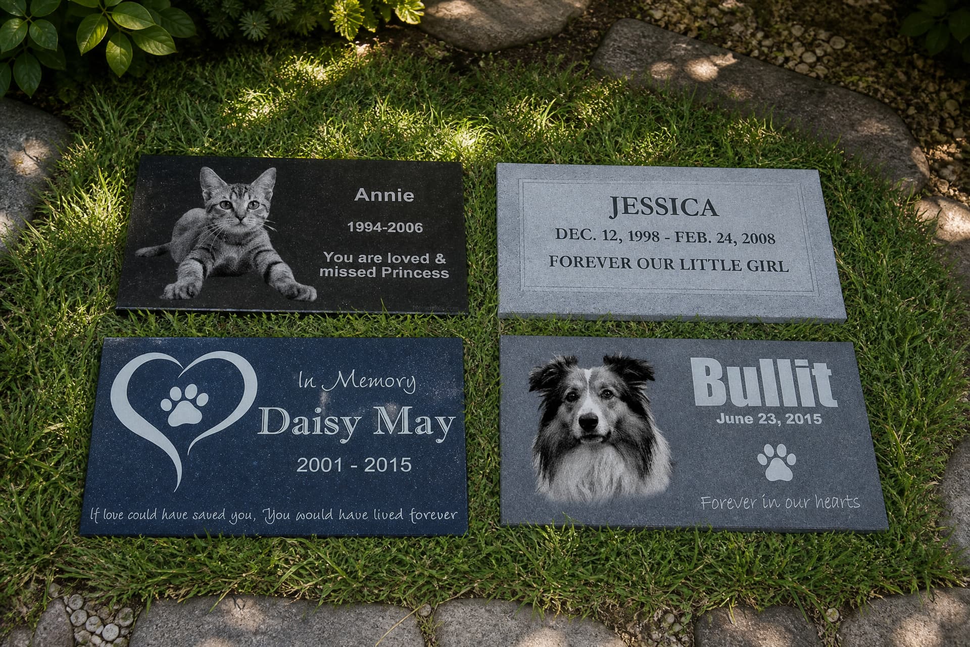 Engraved pet memorial stones, crosses and plaques arranged on a wooden surface