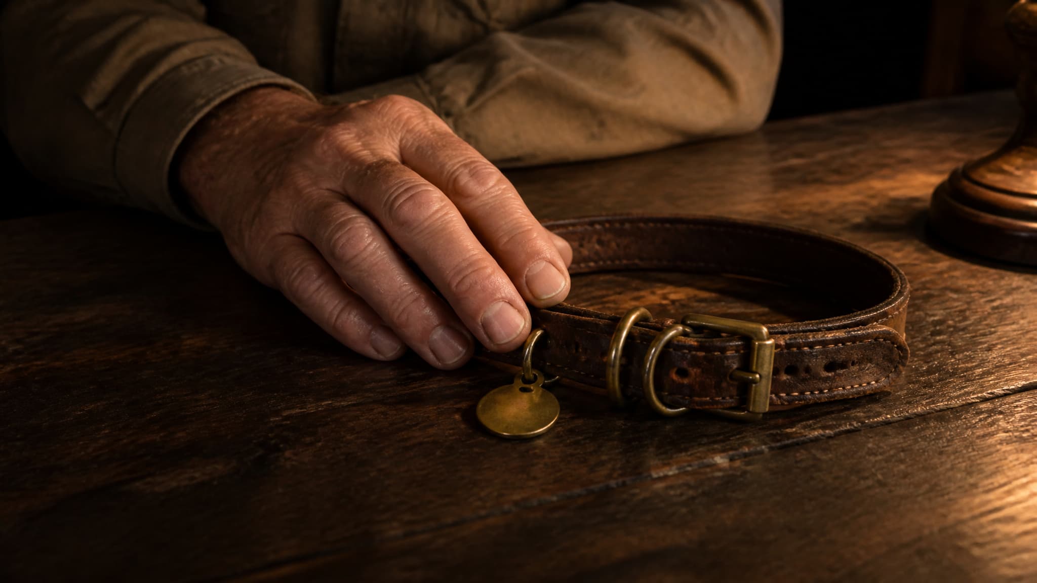 A hand resting on an old dog's collar on a wooden table under low warm lamplight