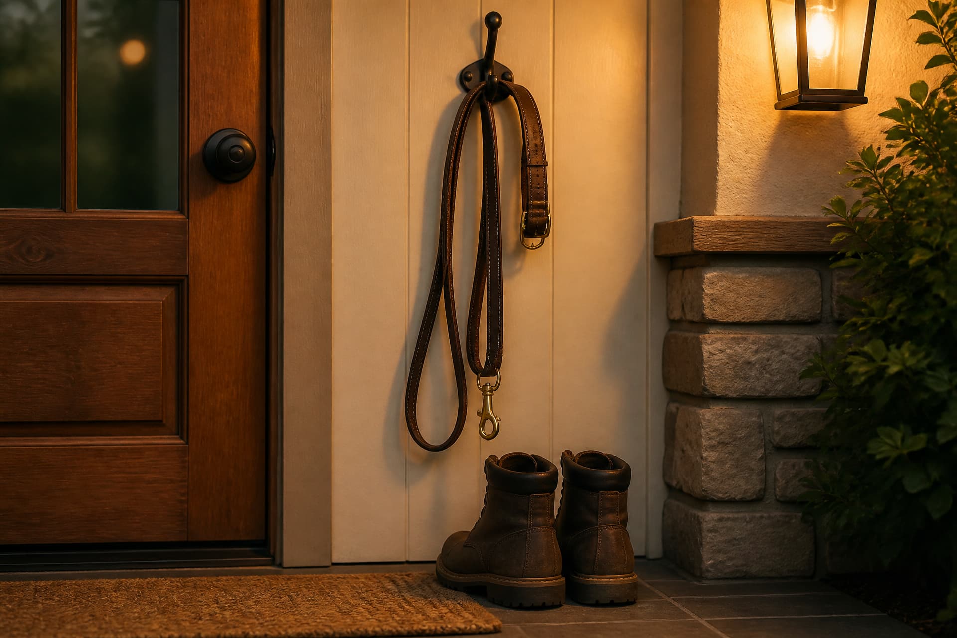 A leash and collar hanging by a door in evening light