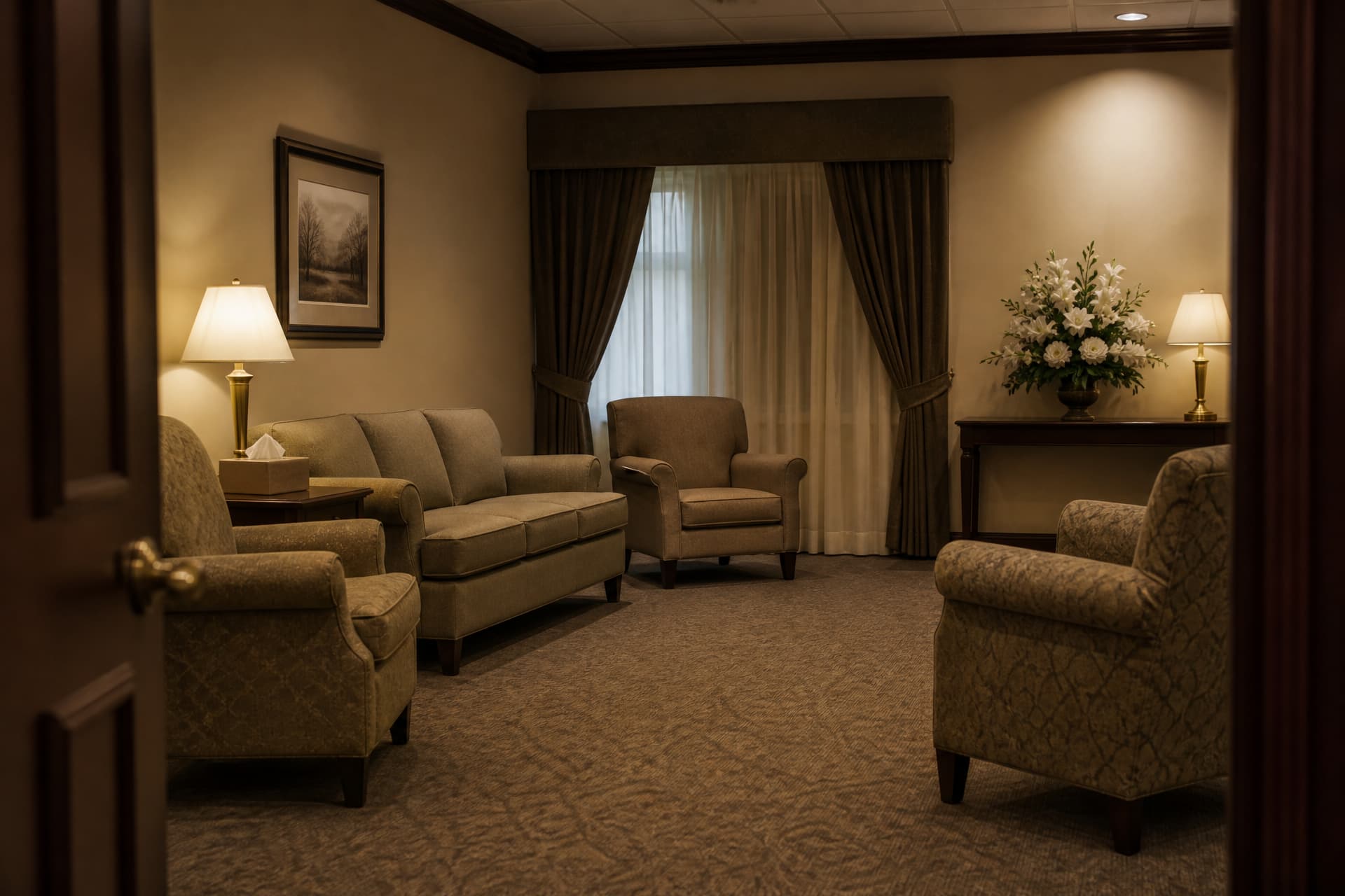 An empty funeral home visitation room with upholstered armchairs and a sofa in loose groups rather than rows, a side table with tissues and a lamp, half-drawn curtains and white flowers on a console