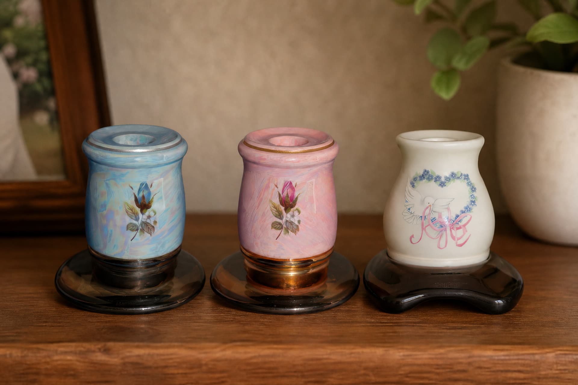 Three ceramic memorial candle holders on a wooden sideboard, a marbled blue one and a marbled pink one each painted with a rosebud, and a cream one with a dove inside a wreath of blue flowers