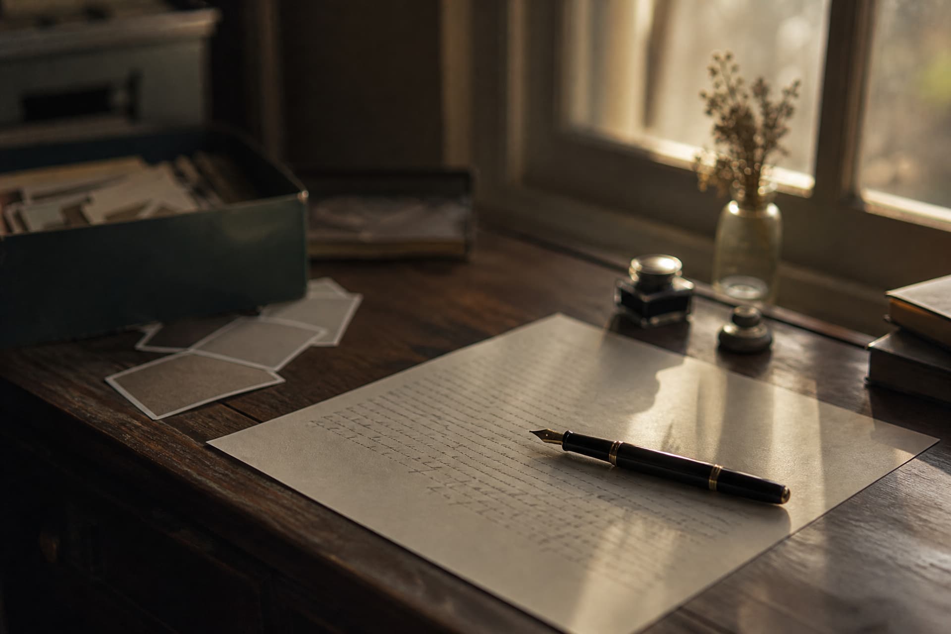 A writing desk by a window with a sheet of cream notepaper part-covered in handwriting, a fountain pen resting on it, and an open shoebox of old photographs at the corner with a few prints face down