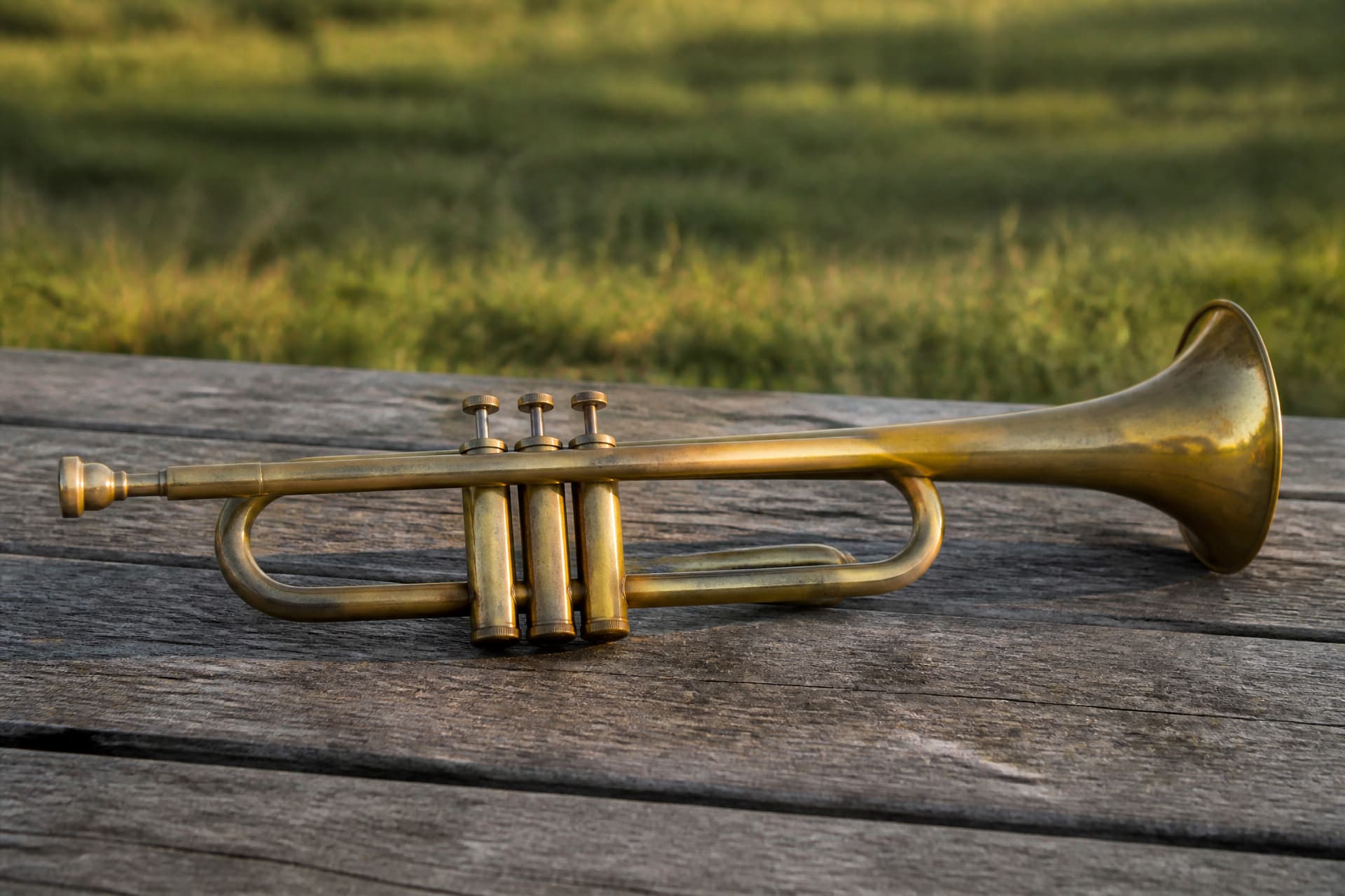 A brass trumpet resting on a weathered wooden bench in warm afternoon light with an empty grassy field behind it