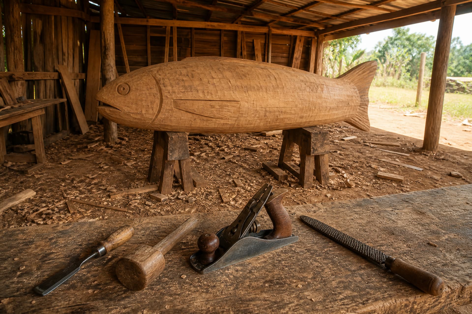 A carpenter's workshop interior with hand tools laid on a bench and an unpainted, curved coffin form standing in profile mid-build
