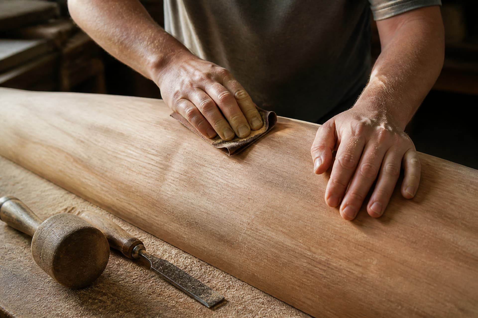 Close view of a pair of hands sanding a curved wooden surface, with a chisel and mallet resting beside the work and sawdust catching the light