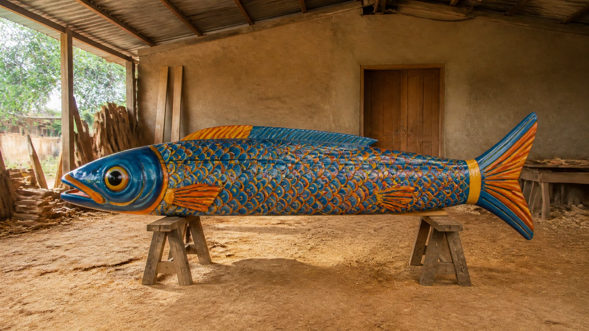 A hand-carved coffin shaped like a large fish, painted in bright enamel colors, resting on trestles in an open-sided carpentry workshop