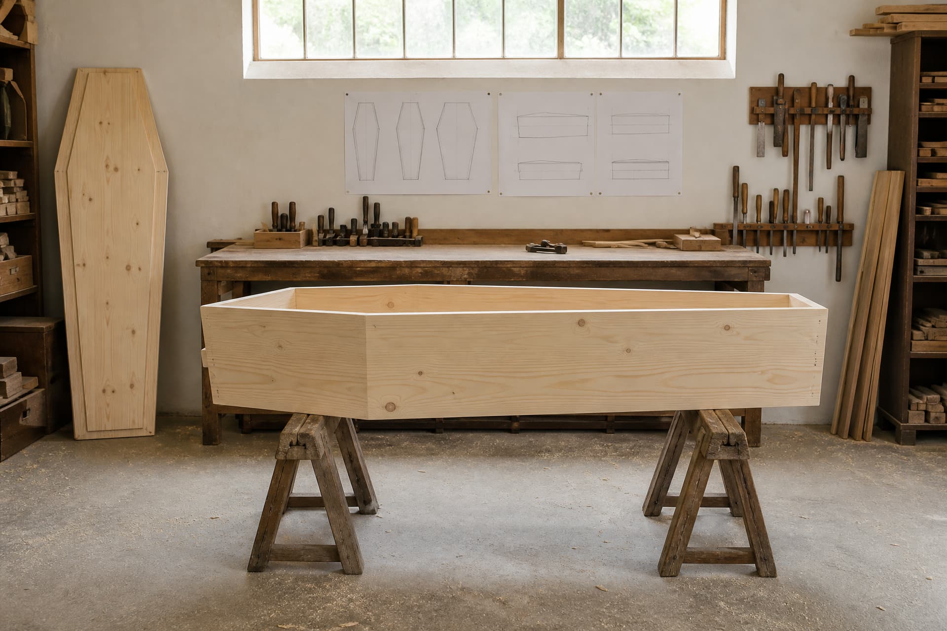 A quiet American woodworking shop with a plain custom coffin under construction on sawhorses and design sketches pinned to the wall above the bench