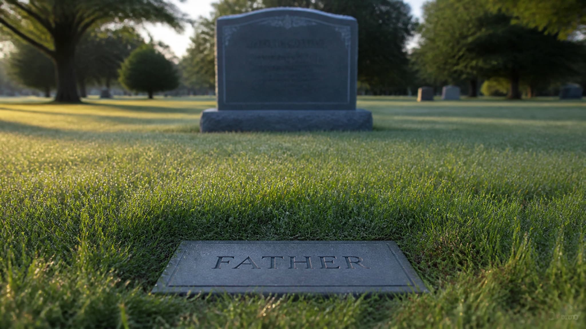 A flat granite footstone carved FATHER set flush in dewy cemetery grass in the foreground, with a taller upright granite headstone standing six feet behind it in early morning light