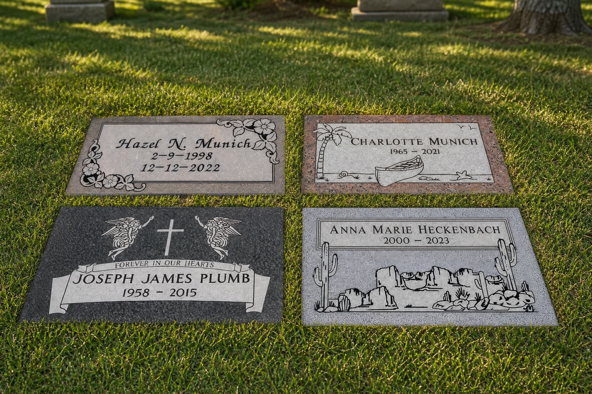 Four flat granite grave markers of different colors and border designs laid face up and level with the turf on a sunlit cemetery lawn, each carved with a name and dates