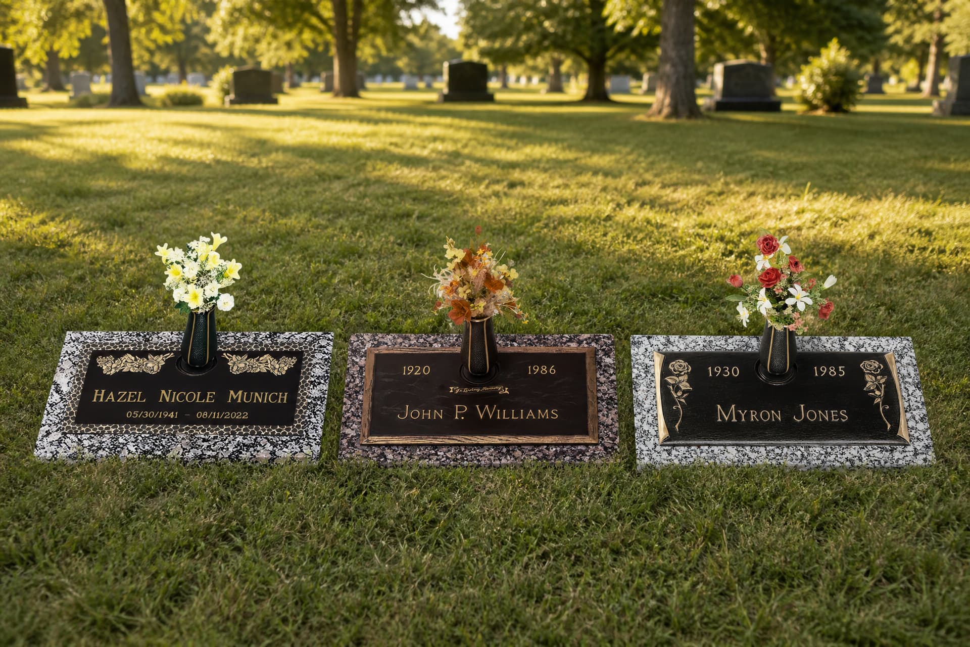 Three cast bronze grave markers on granite bases set level with a cemetery lawn, each with a raised bronze flower vase and raised lettering giving a name and dates
