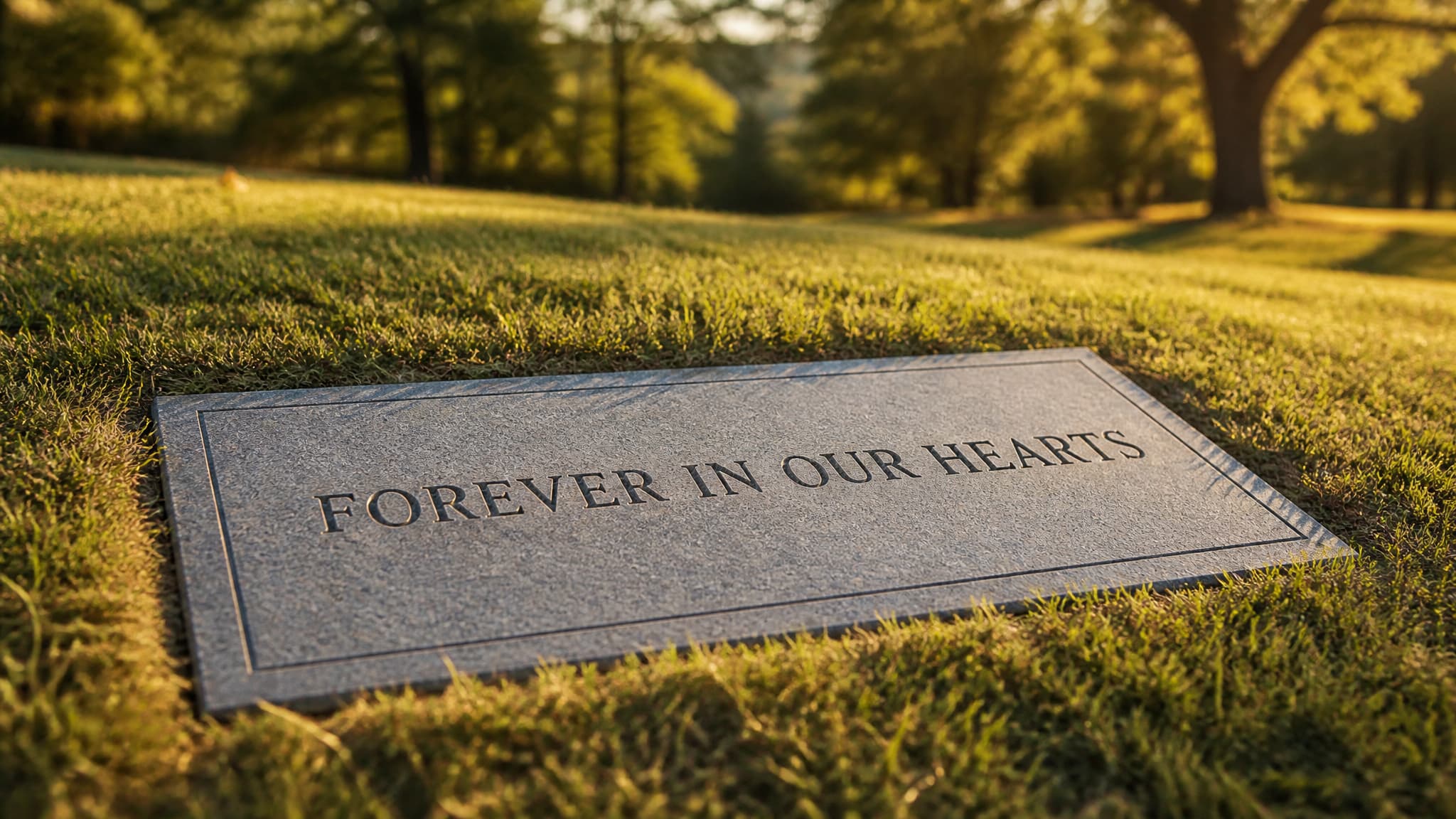 A flat granite ground marker set level in mown cemetery grass, the words FOREVER IN OUR HEARTS sandblasted across its face in low side light