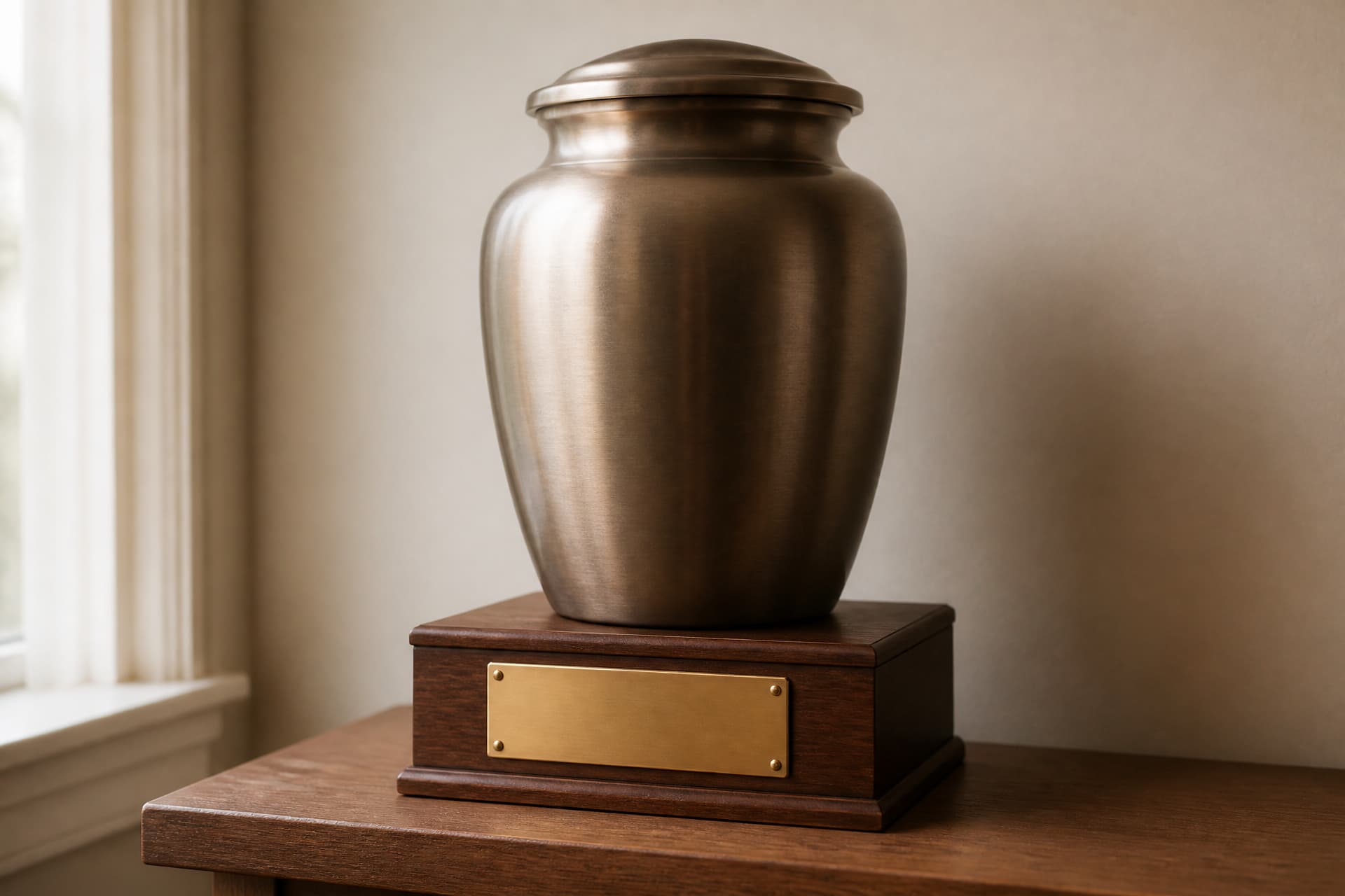 A small blank brass plate mounted on the wooden base beneath a plain metal cremation urn standing on a side table, in soft window light