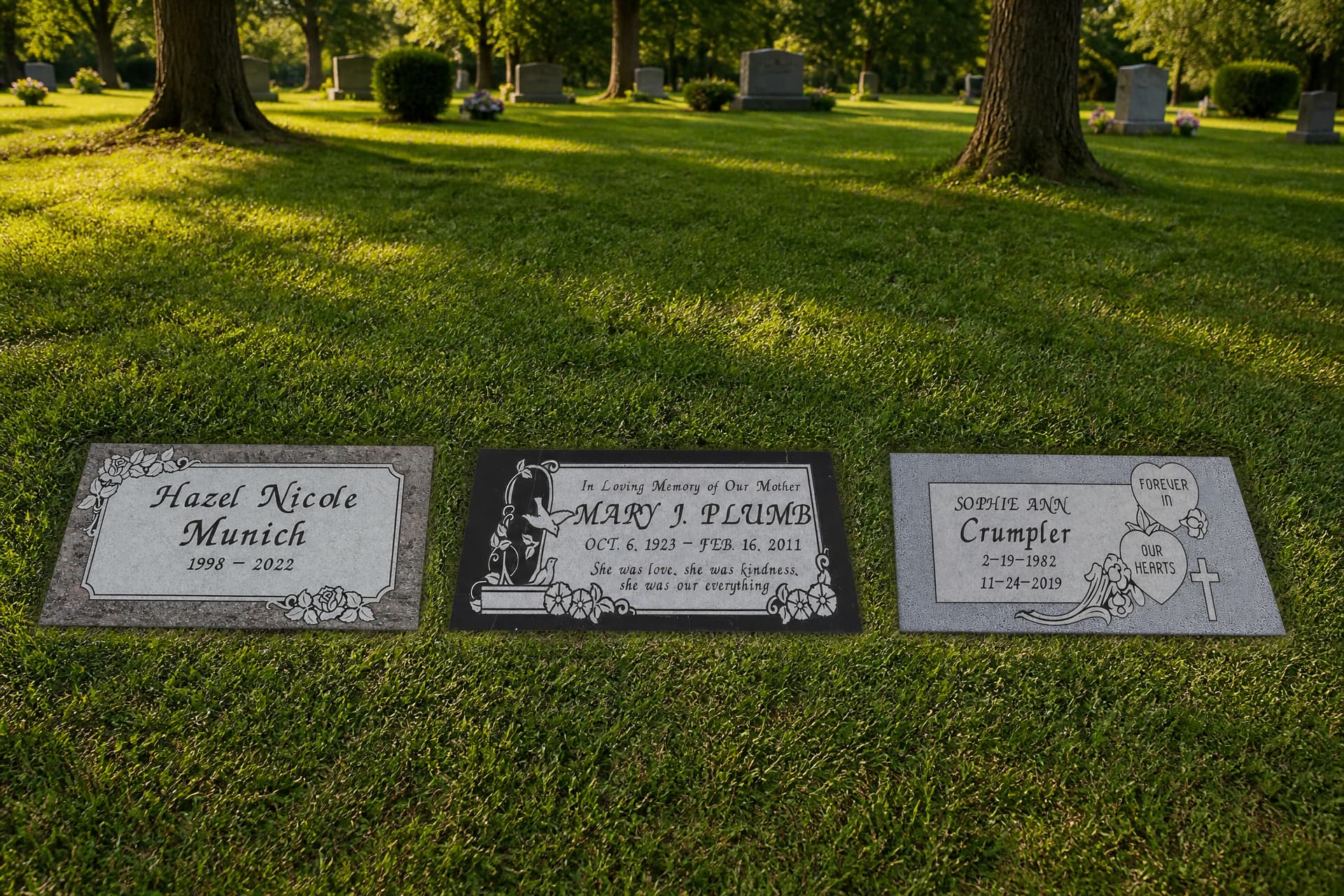 Three flat granite grave markers laid level in a sunlit cemetery lawn, photographed from an elevated angle so each engraved face is fully readable