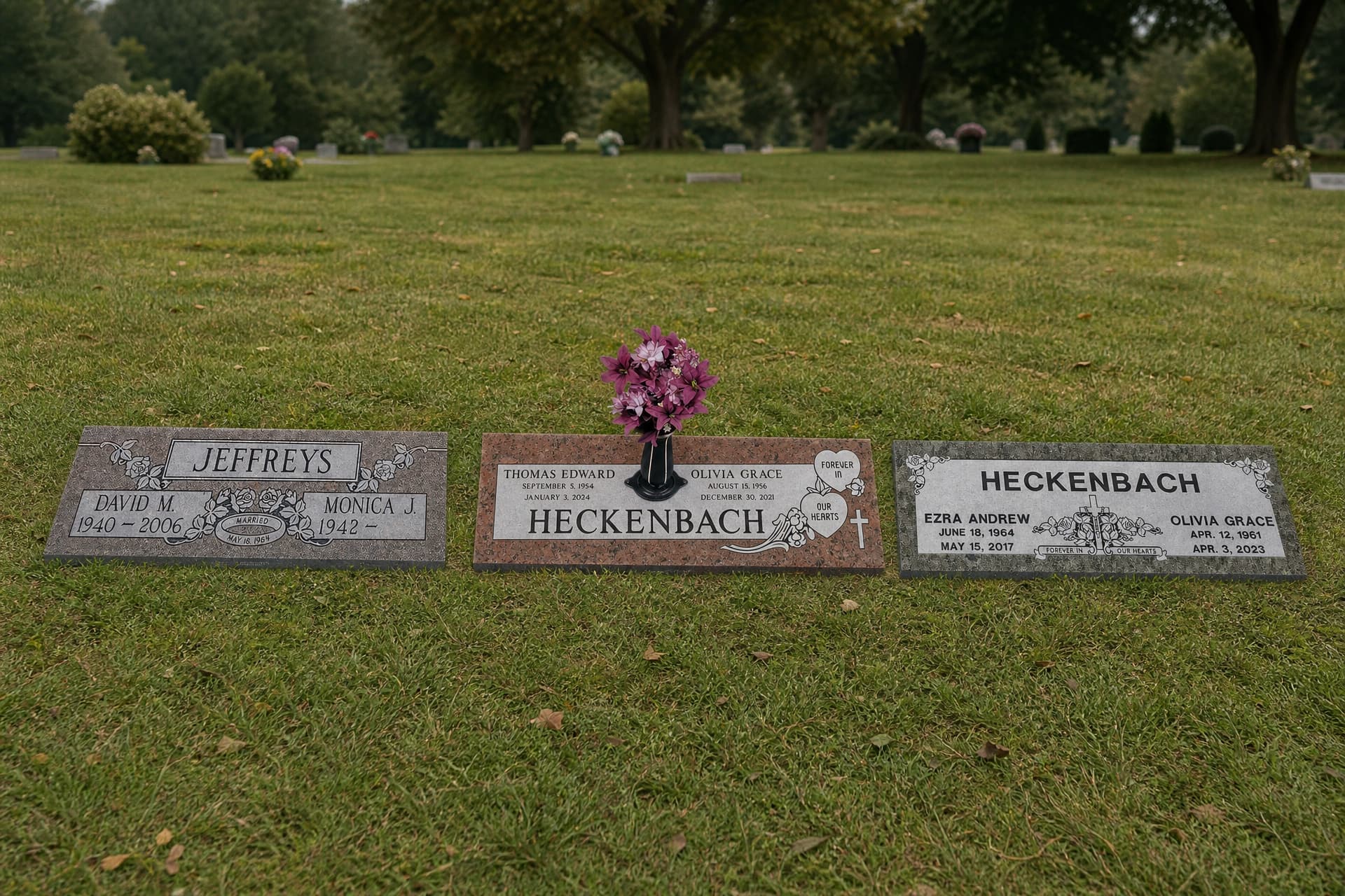 Three wide flat granite companion markers lying level in mown cemetery grass under soft overcast light, each engraved with two names and two sets of dates