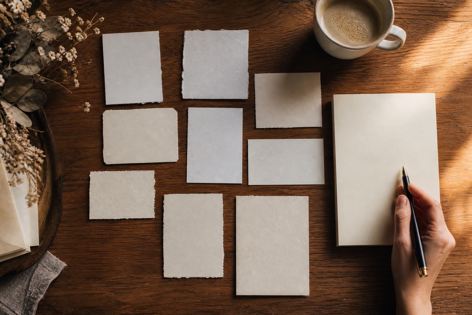 A dining table seen from above with small blank florist cards laid out in a loose grid beside a pad of cream notepaper, a pen and a mug of coffee, one hand resting at the edge of the pad
