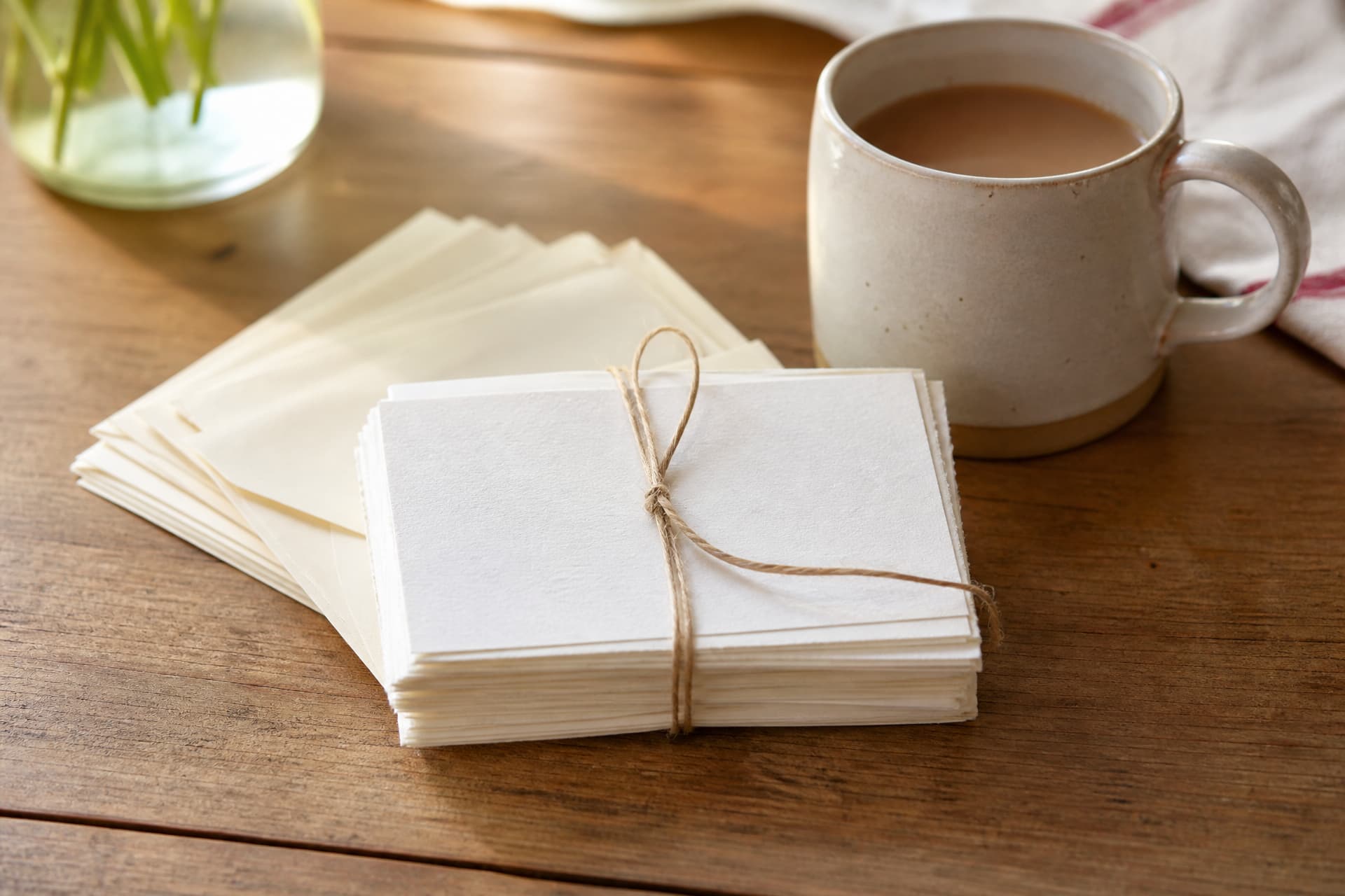A thick bundle of small blank florist cards and cream envelopes held together with a loop of garden twine, lying on a kitchen table beside a half-drunk mug of tea