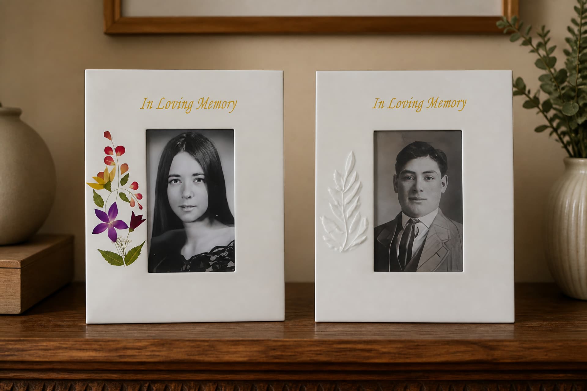 Two white memorial photo frames standing on a wooden sideboard, one with a pressed-flower bouquet down the left side and one with a raised white leaf relief, each lettered In Loving Memory in gold script