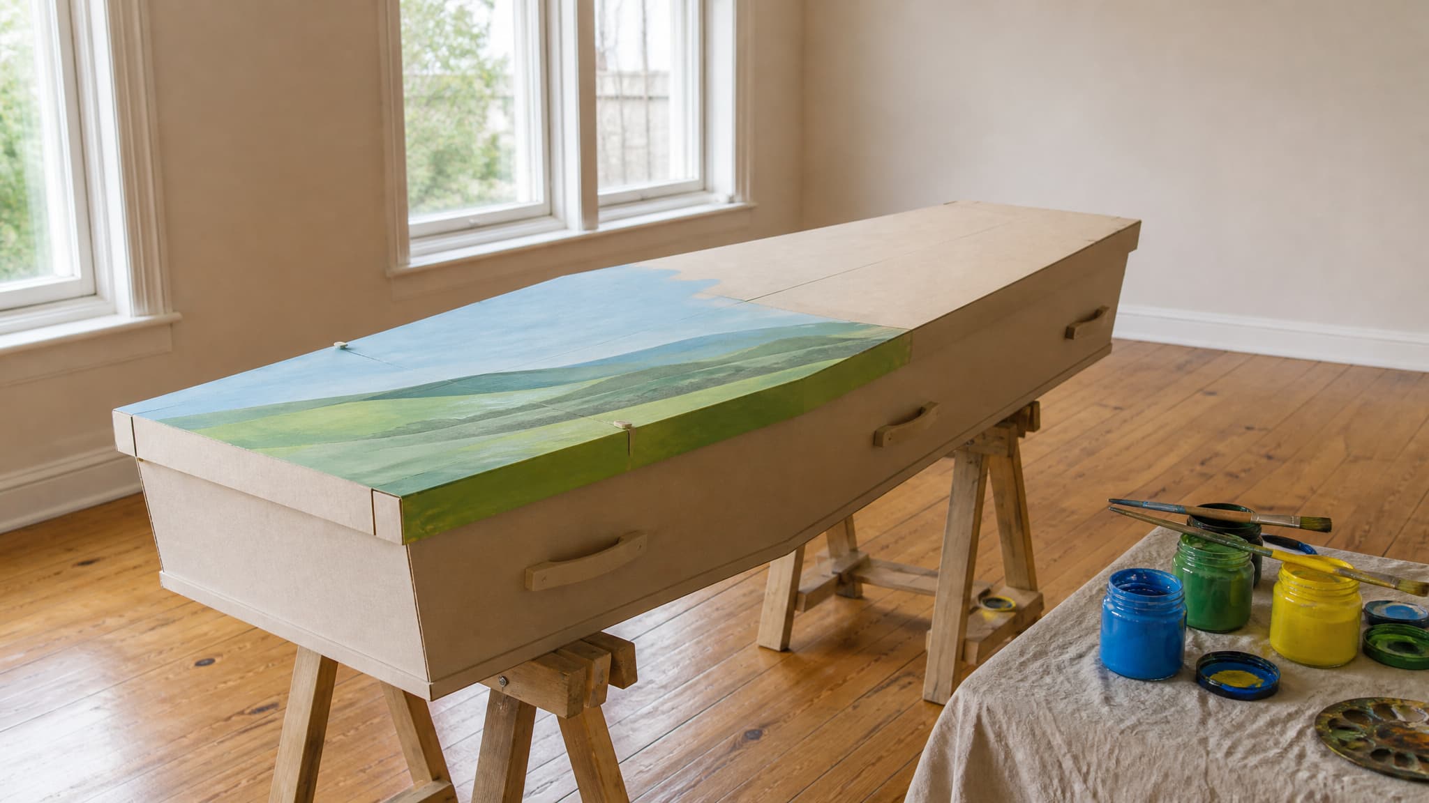 A plain cardboard coffin on trestles in a bright room, its lid partly painted with a blue and green landscape, jars of water-based paint and several brushes on a cloth-covered table beside it