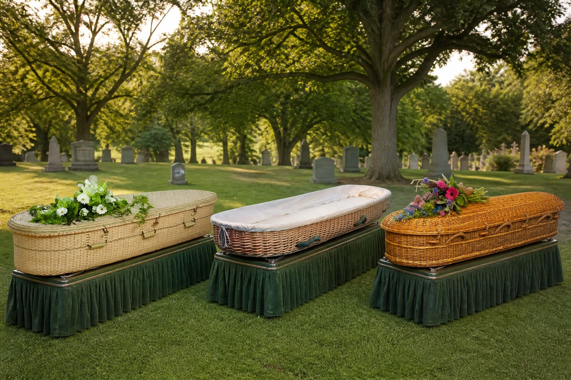 Three woven biodegradable caskets on draped biers in a tree-lined cemetery, a pale tight-woven bamboo one with white lilies, an open willow carrier lined in cream cotton, and a golden seagrass one with a spray of mixed flowers