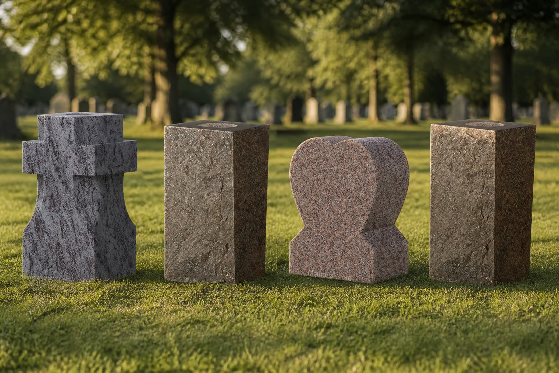 Four granite cemetery vases standing upright on a sunlit cemetery lawn