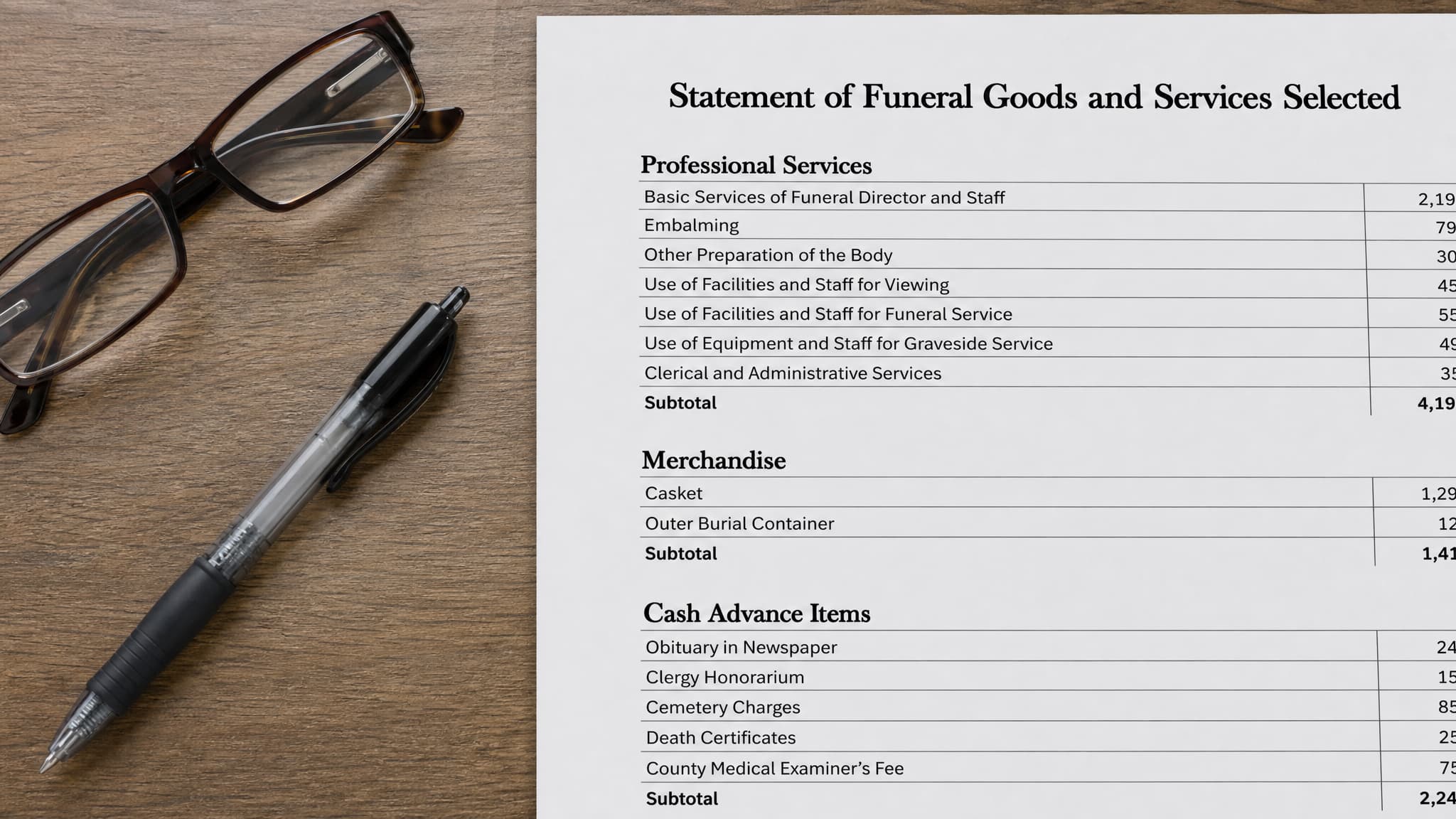 An itemized funeral statement on a desk seen from directly above, headed 'Statement of Funeral Goods and Services Selected' with visible section headings reading 'Professional Services', 'Merchandise' and 'Cash Advance Items', a pen and reading glasses beside it