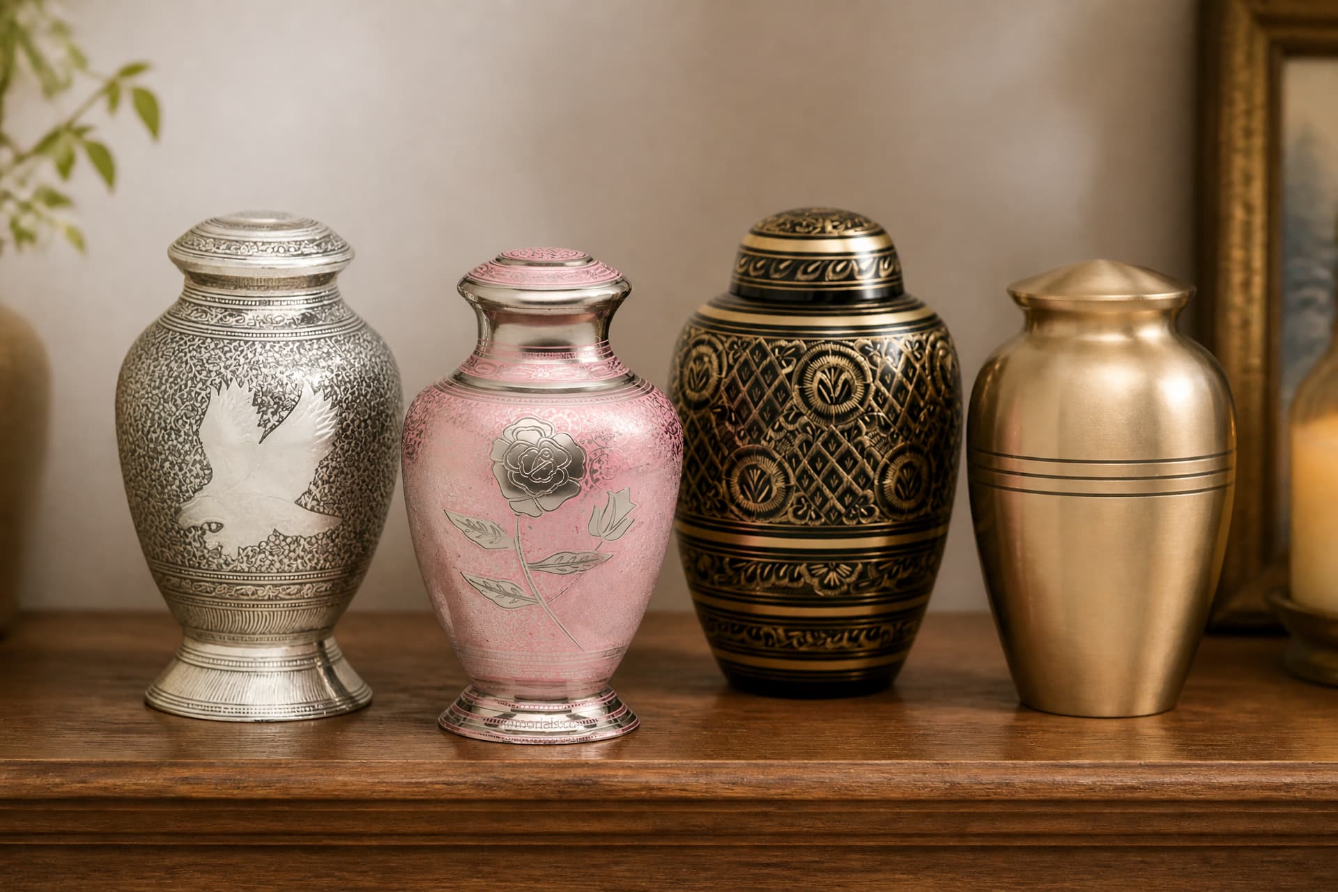 Four metal cremation urns standing together on a wooden shelf โ a silver urn engraved with a flying eagle, a pink urn with a silver rose, a black and gold ornate urn, and a plain brushed brass urn with two incised bands