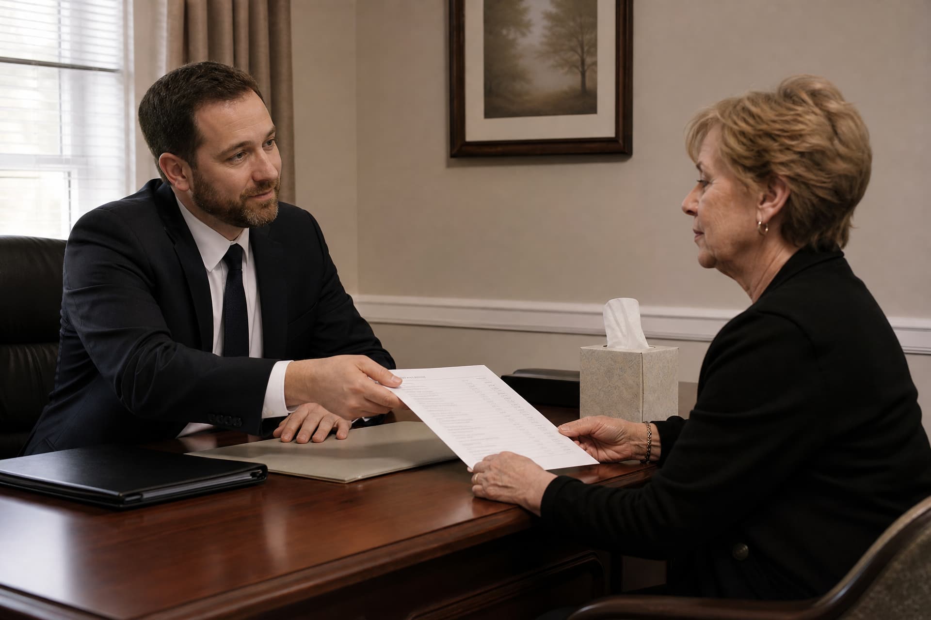 A funeral director sliding a printed price list across a desk toward a seated woman, both hands visible, the page facing her