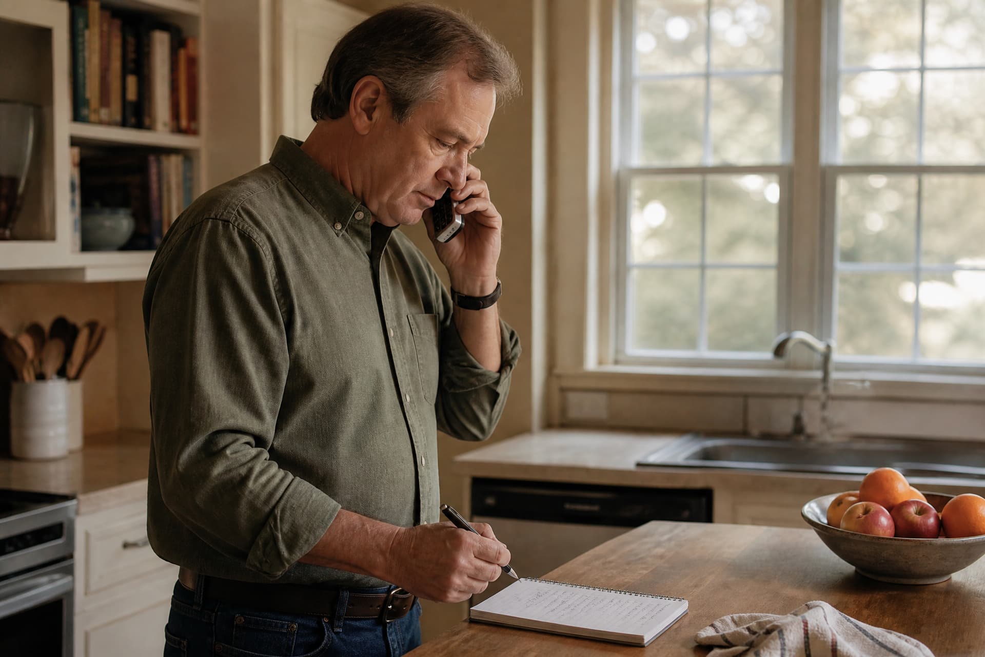 A man in his fifties standing at a kitchen counter with a cordless phone to his ear and a pen in his hand, an open spiral notepad on the counter in front of him