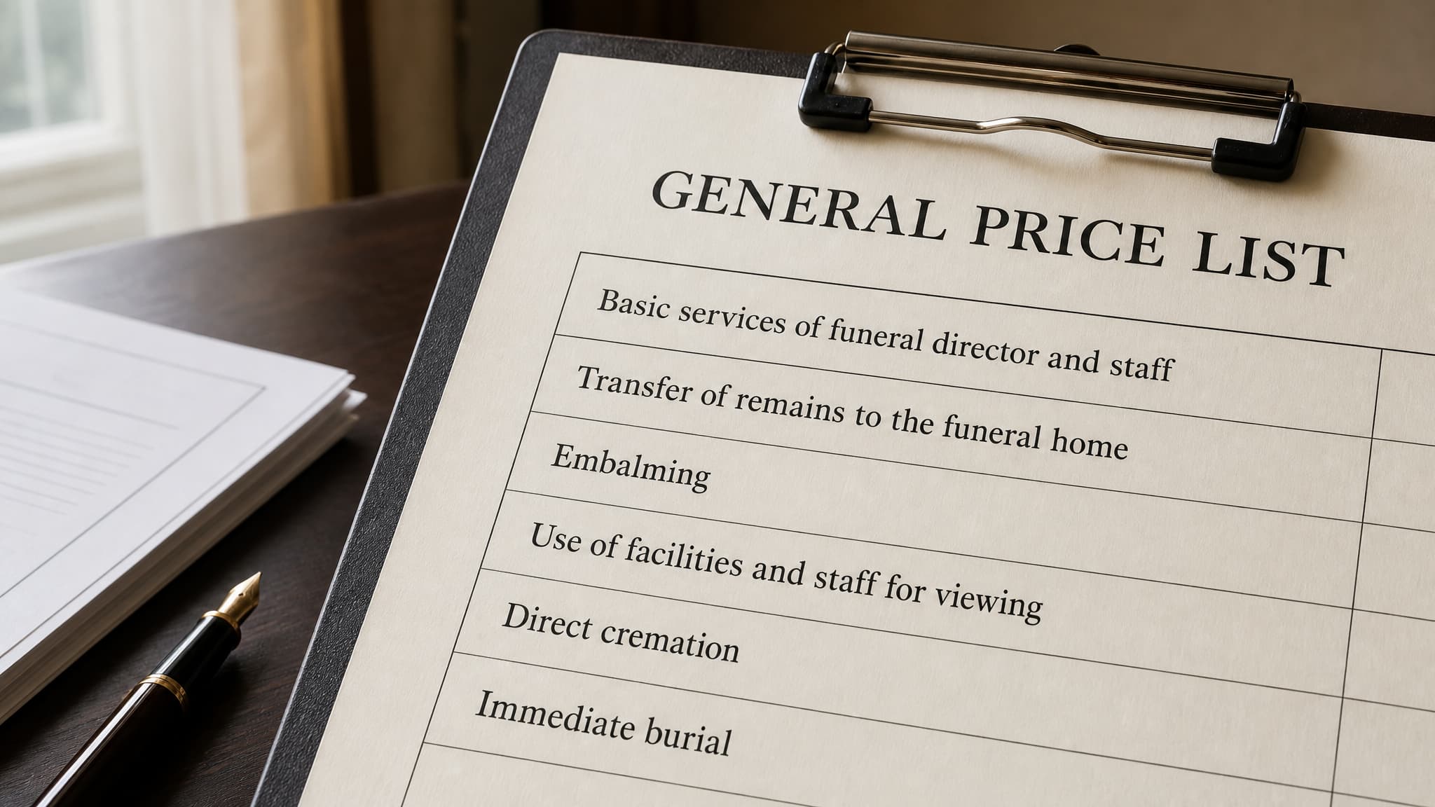 A printed funeral general price list on a dark clipboard, angled on a desk beside a fountain pen, listing basic services of funeral director and staff, transfer of remains, embalming, use of facilities for viewing, direct cremation and immediate burial