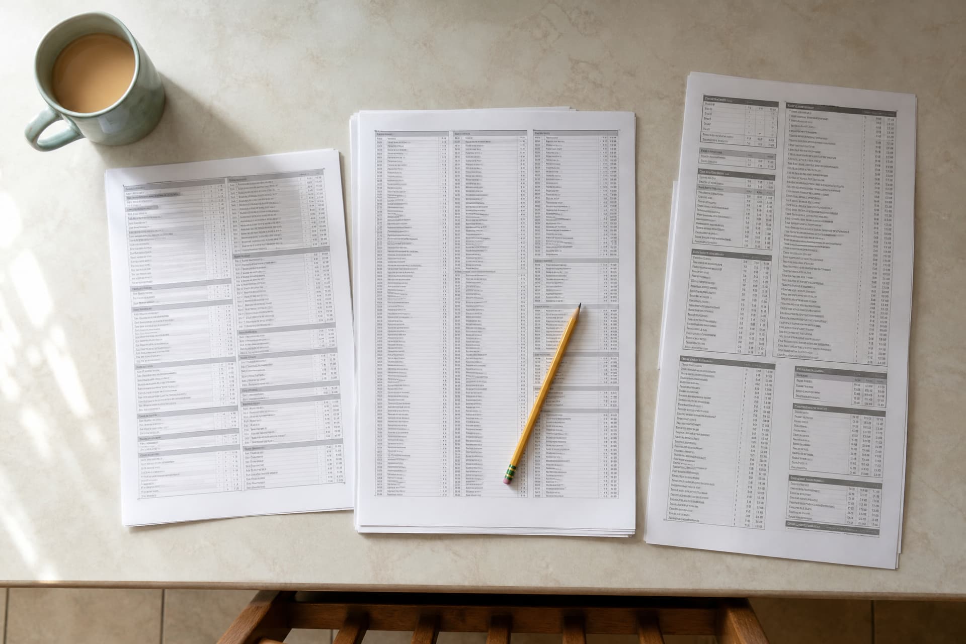 Three printed funeral price lists spread side by side on a kitchen table with a pencil resting on the middle one