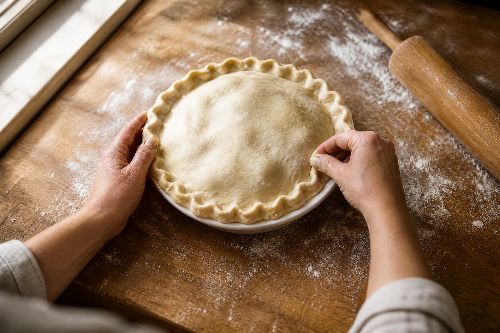 A close over-the-shoulder view of hands crimping the edge of a double-crust pie on a floured board with a rolling pin beside it