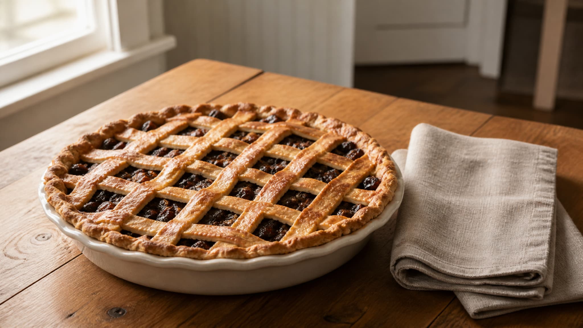 A lattice-topped raisin pie cooling on a plain wooden kitchen table beside a folded cloth in soft daylight