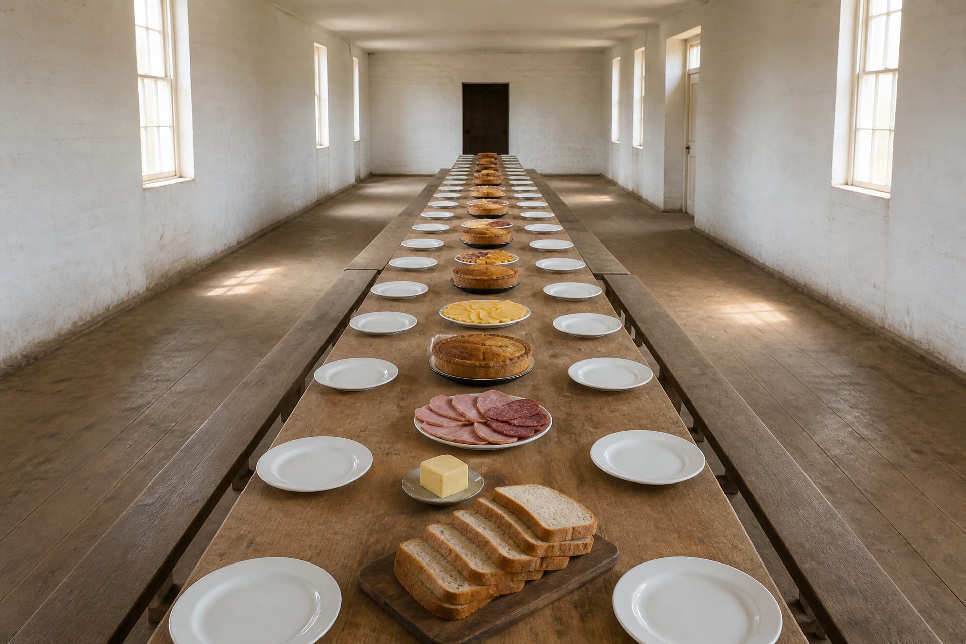 A long plain table set with simple white plates, bread, sliced meats and several pies, with benches on both sides and no people in the room