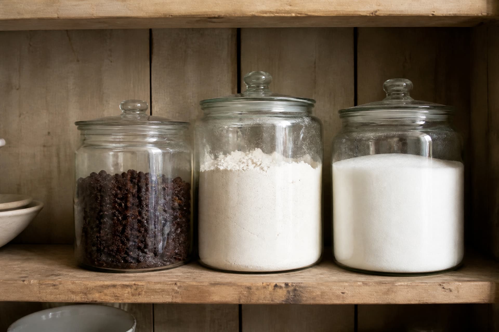 An open pantry shelf in a plain farmhouse kitchen holding glass jars of raisins, flour and sugar, photographed straight on at shelf height