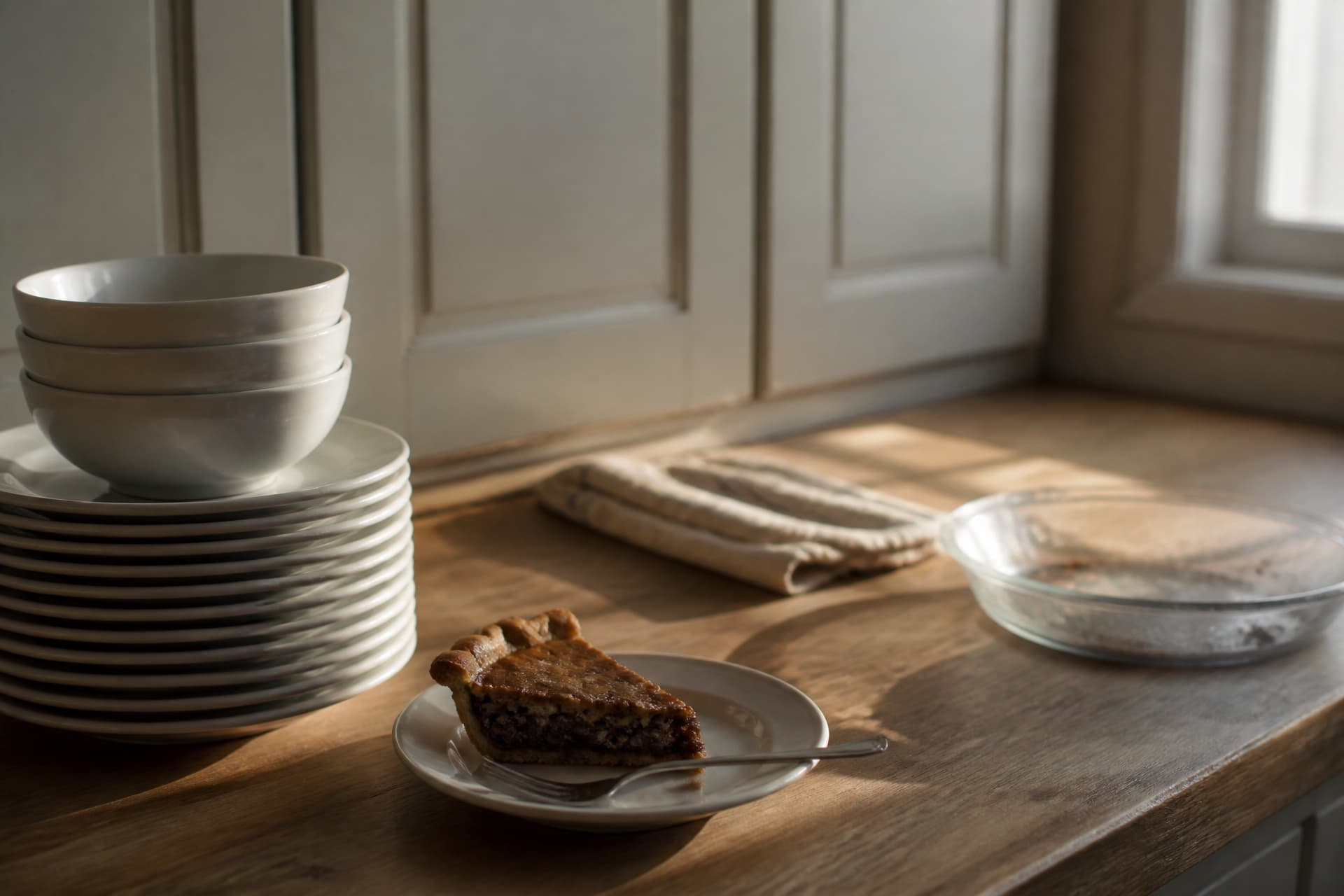 A quiet kitchen after a meal, with stacked plates and one remaining slice of pie on a plain dish in late afternoon light