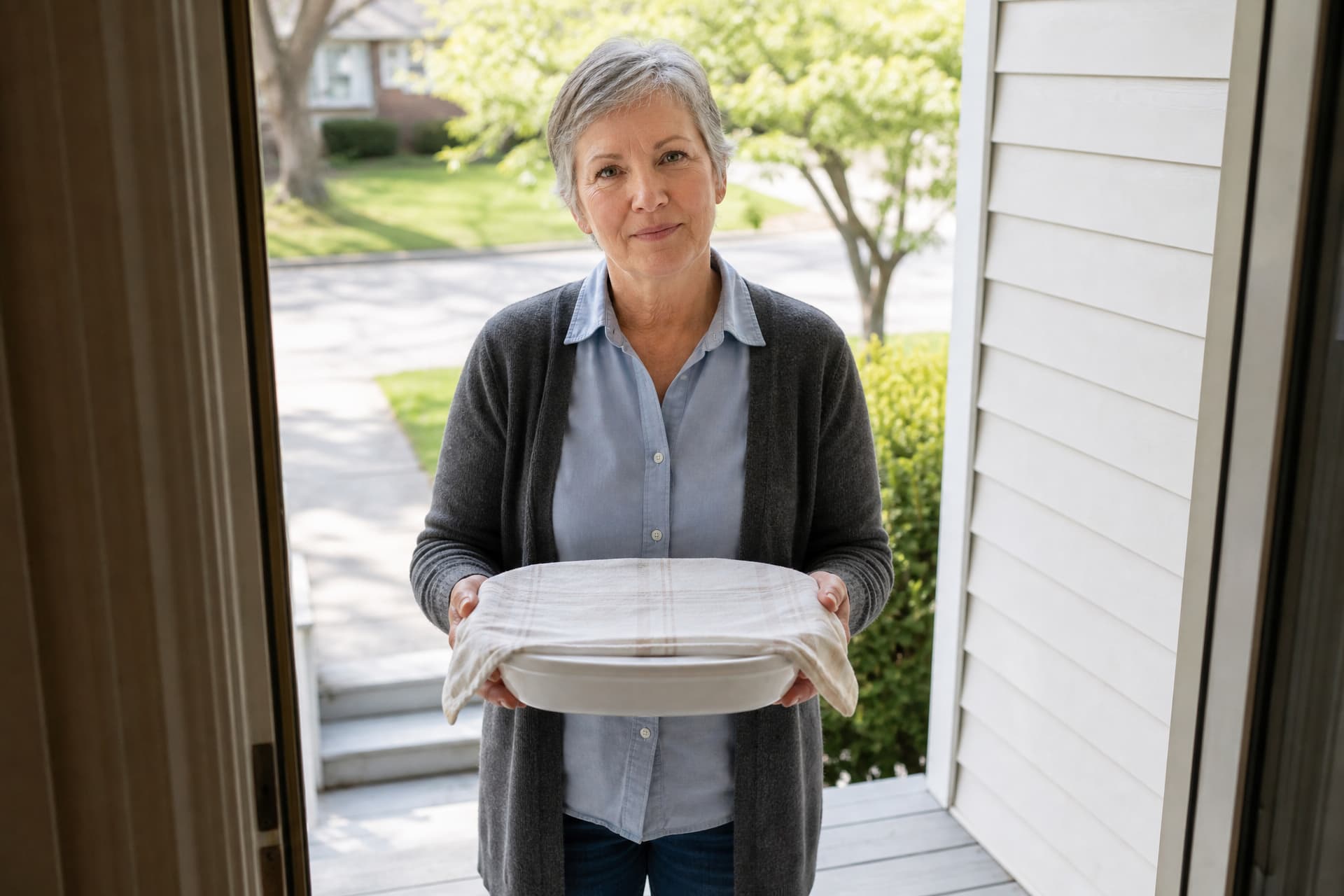 A woman in an everyday gray cardigan standing on a front porch at an open door, holding out a white baking dish covered with a cloth