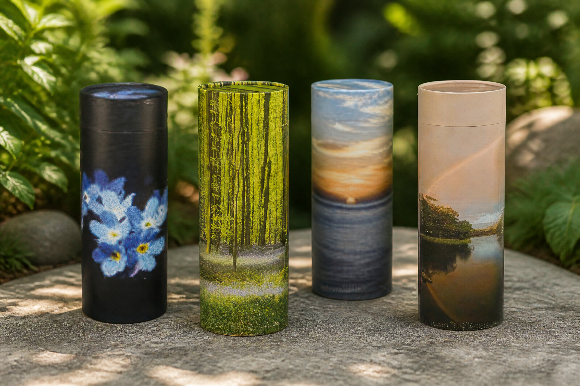 Four biodegradable scattering urns standing upright on a stone surface in a quiet garden, each printed with a different woodland, water or flower design