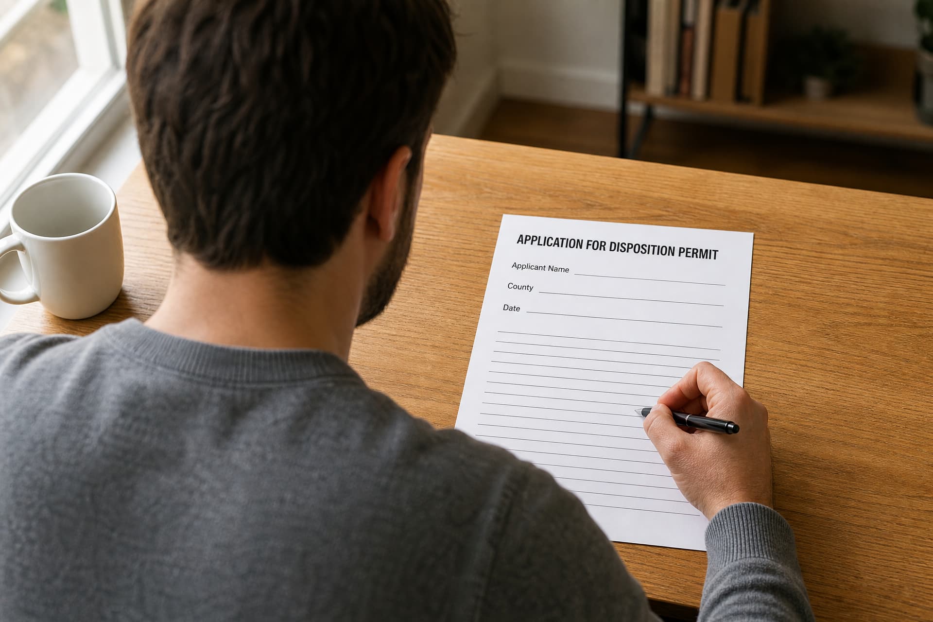 Seen from behind, a person seated at a desk reading a printed county application for a disposition permit, pen in hand
