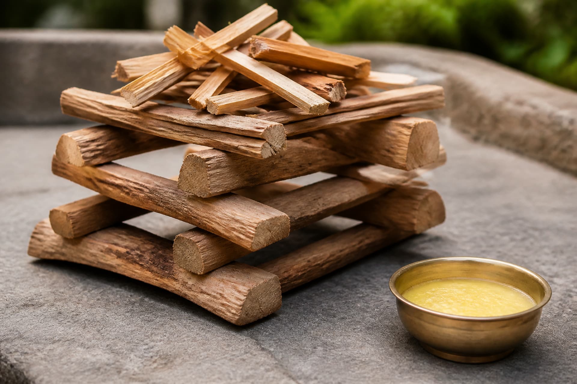 Split sandalwood and kindling stacked in an open lattice on a stone base, with a small brass vessel of clarified butter resting beside it