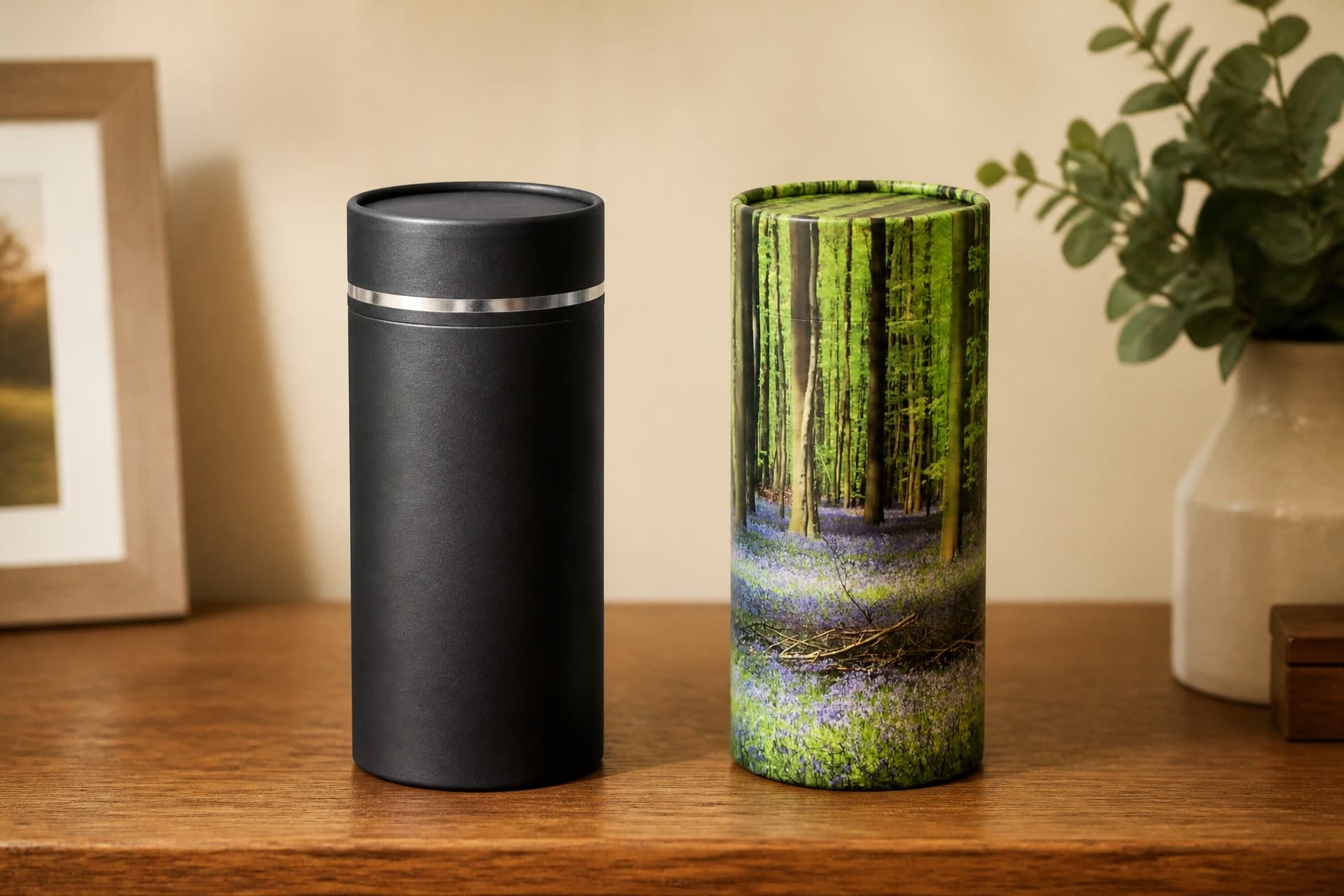 Two biodegradable scattering urns standing side by side on a wooden shelf in a softly lit home, one matte black with a silver band and one printed with a bluebell woodland